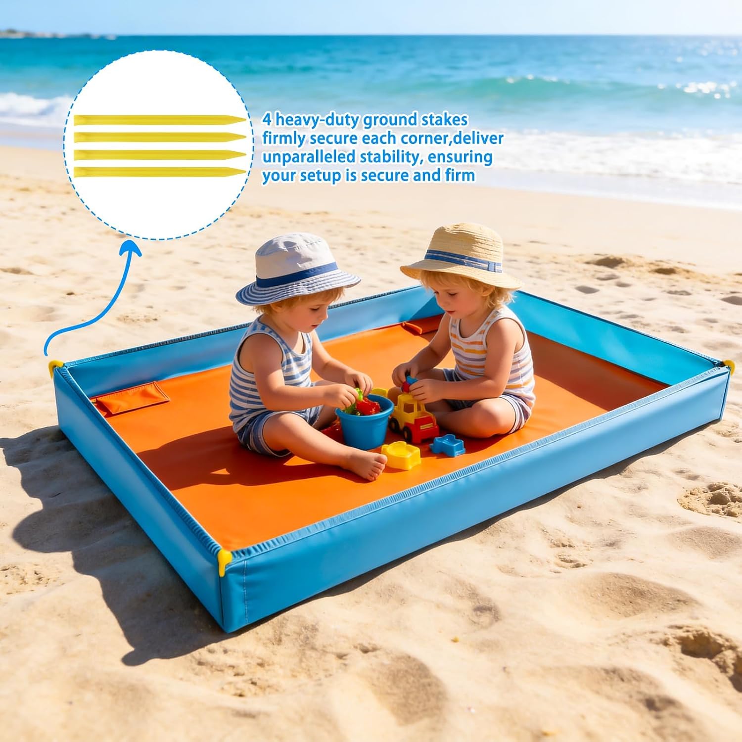 MUOUAKATE Large Sandproof Beach Blanket with Side Walls and Stakes, 57.3"x73" Beach Mat with 2 Pockets, Quick Drying Beach Essentials for Vacation, Cruise, Travel, Outdoor, Picnic & Camping