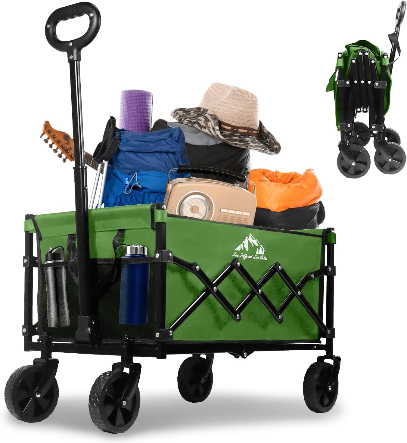 Collapsible Wagon 352LBS Capacity, Foldable Large Carts, Heavy Duty Outdoor Folding Cart with All-Terrain Wheels, Utility Garden Beach Wagon with Storage Bag Blue