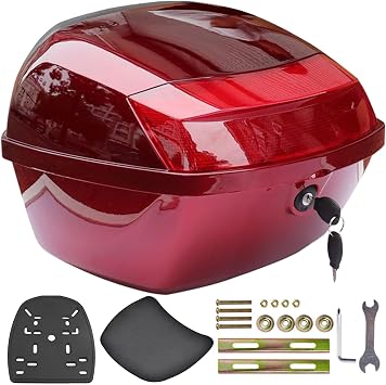 Universal Motorcycle Top Box, 30L Motorcycle Scooter Top Box Tail Trunk Luggage Box with Security Lock, Waterproof Storage Carrier Case for Scooter Moped Motorbike,Dark red