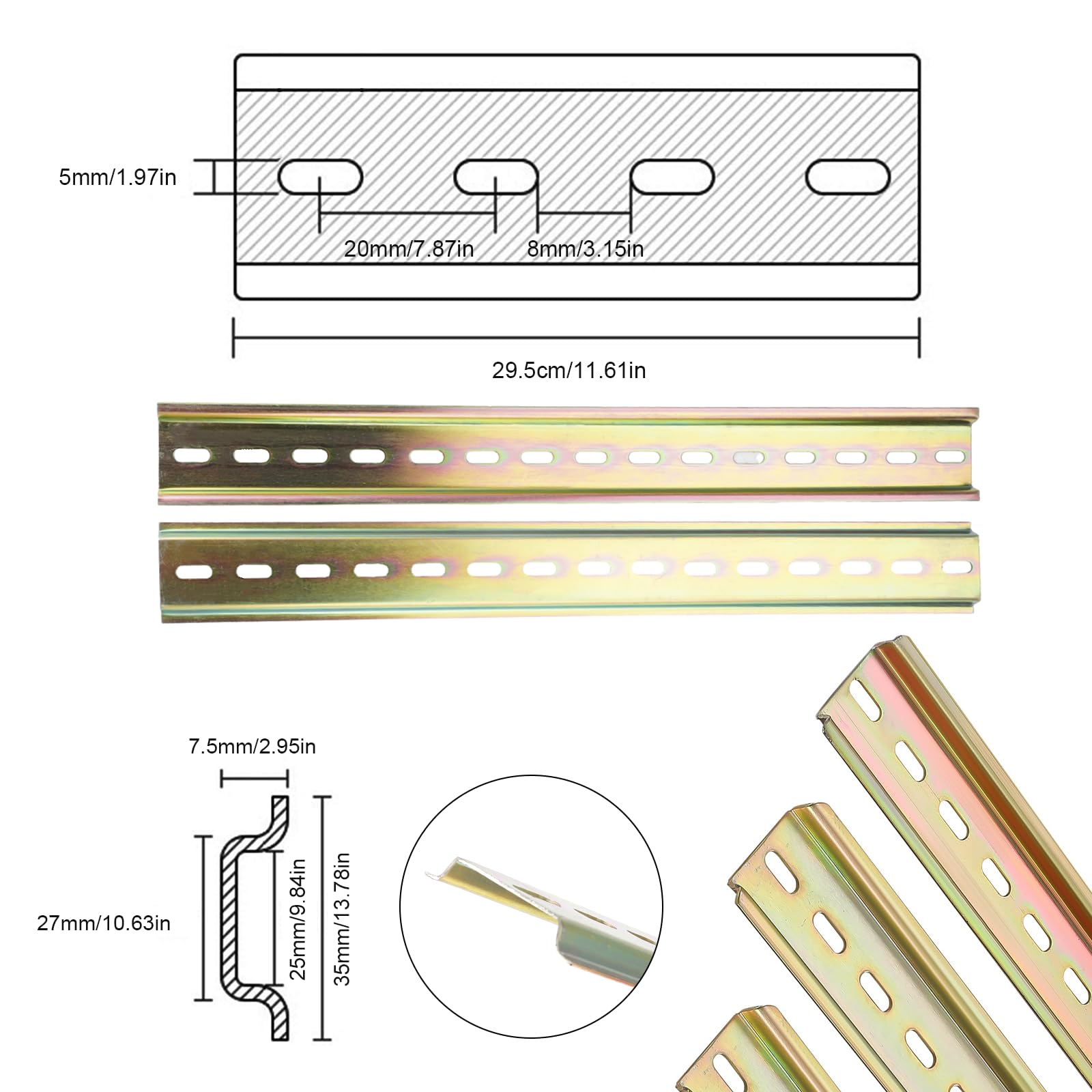 8 rieles DIN, rieles de acero de colores, riel de suspensión, ancho 29,5 cm, altura 7,5 mm, longitud de 3,5 cm para instalar aparatos eléctricos como disyuntores