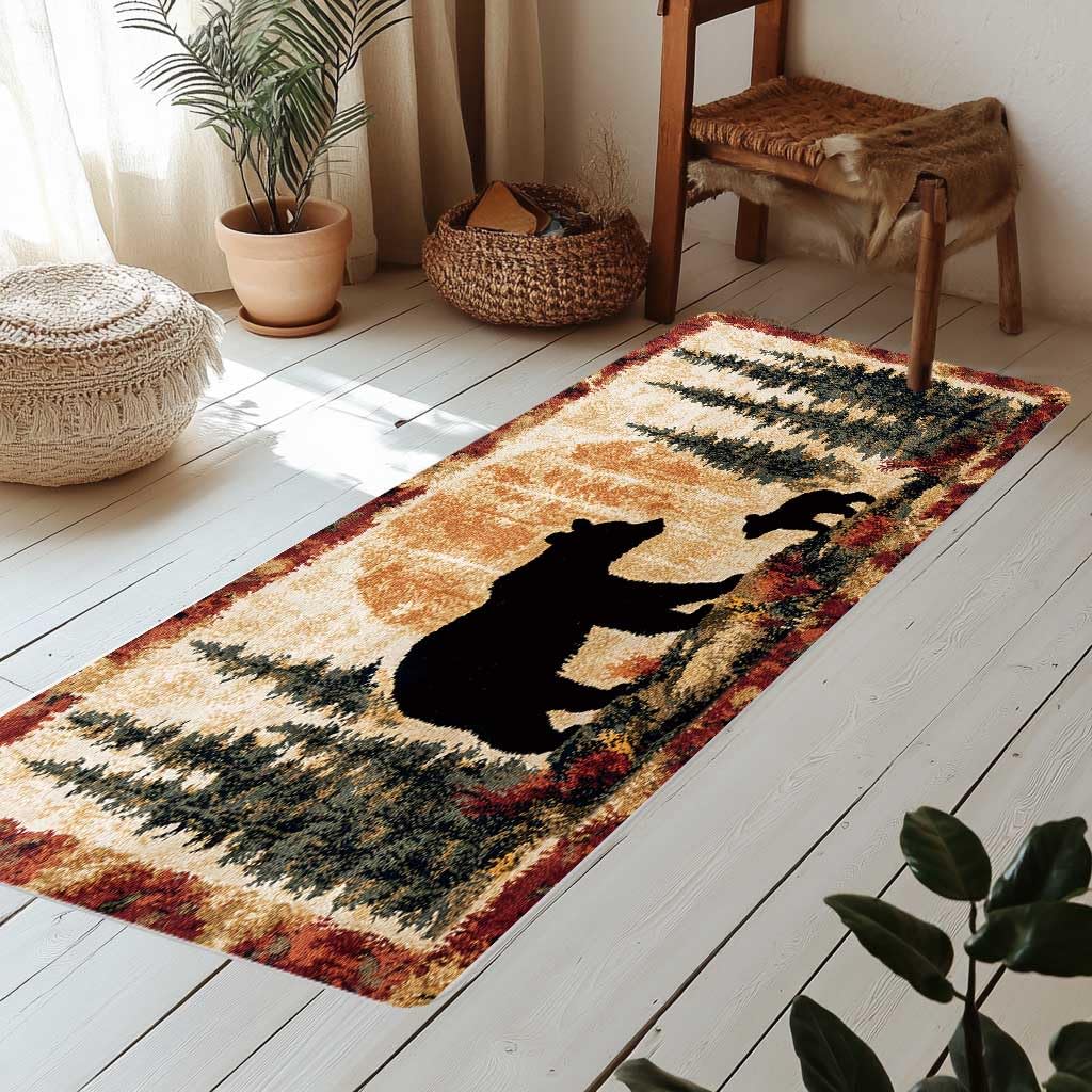 Bear Rug Mat Farmhouse Bathroom Rugs Animal Black Bear Forest Trees Rustic Cabin Carpet Camping Bath Rug Sets for Bathroom Bedroom Kitchen Outdoor
