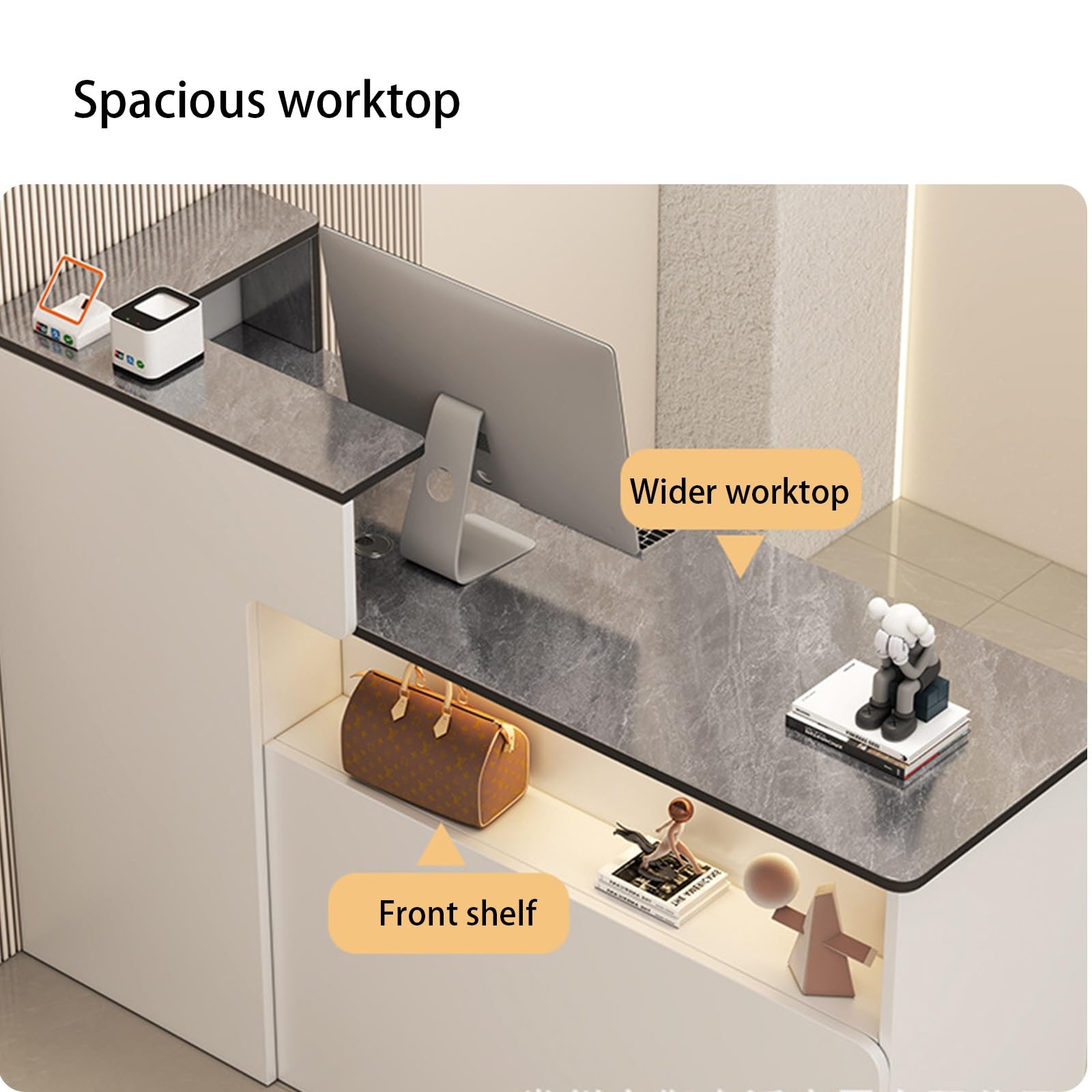 Mostrador de recepción Moderno, cajones con Cerradura, Armario con Puertas, Vitrina iluminada for peluquerías, centros de estética, Tiendas, hoteles.(White - Left,120cm)