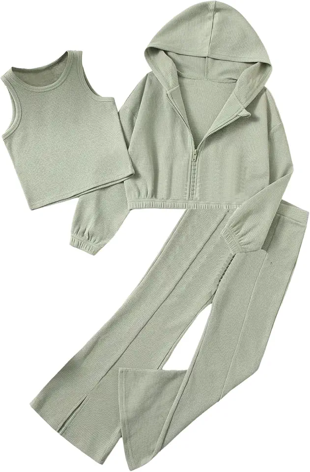 Floerns Girls Long Sleeve Hoodie Tank Split Flare Pants Set Three Piece Outfit