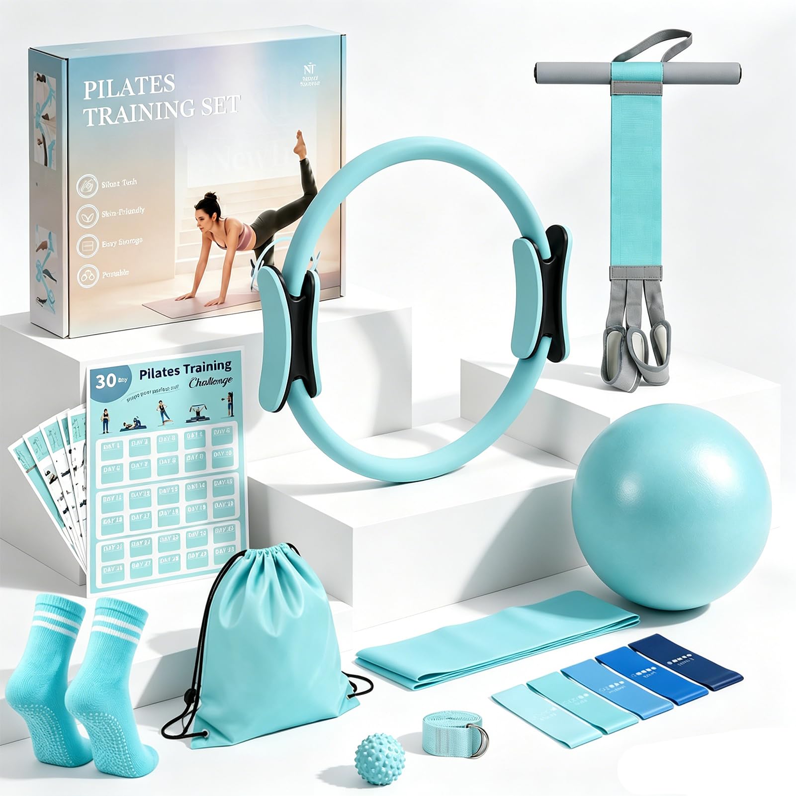 At Home Pilates Kit for Women, Home Workout Pilates Equipment Set with Pilates Ring, Ball, Pedal Resistance Band, Resistance Bands, Yoga Strap, Bag, Pilates Essentials Kit for Starter, Beginners