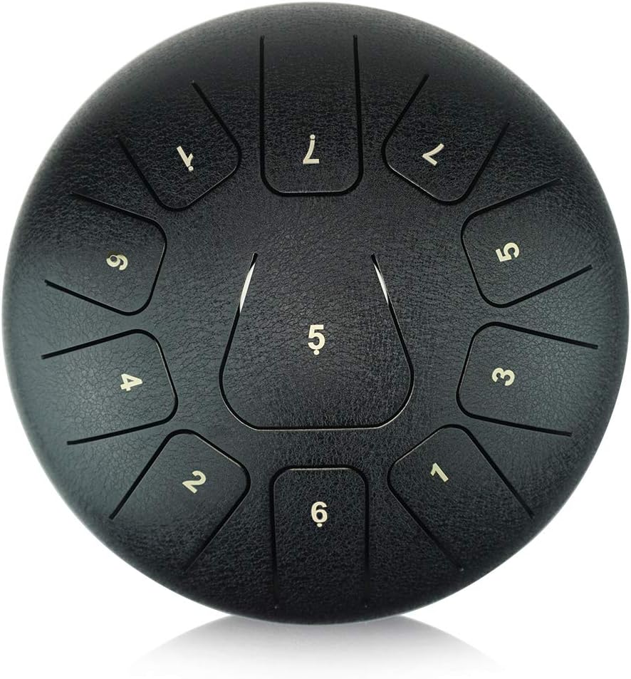 "OcarinaWind" 10 inches C Major Steel Tongue Drum Black 11 Notes with Padded Drum Bag and Couple of Mallets, Beautifully finished and peaceful sound