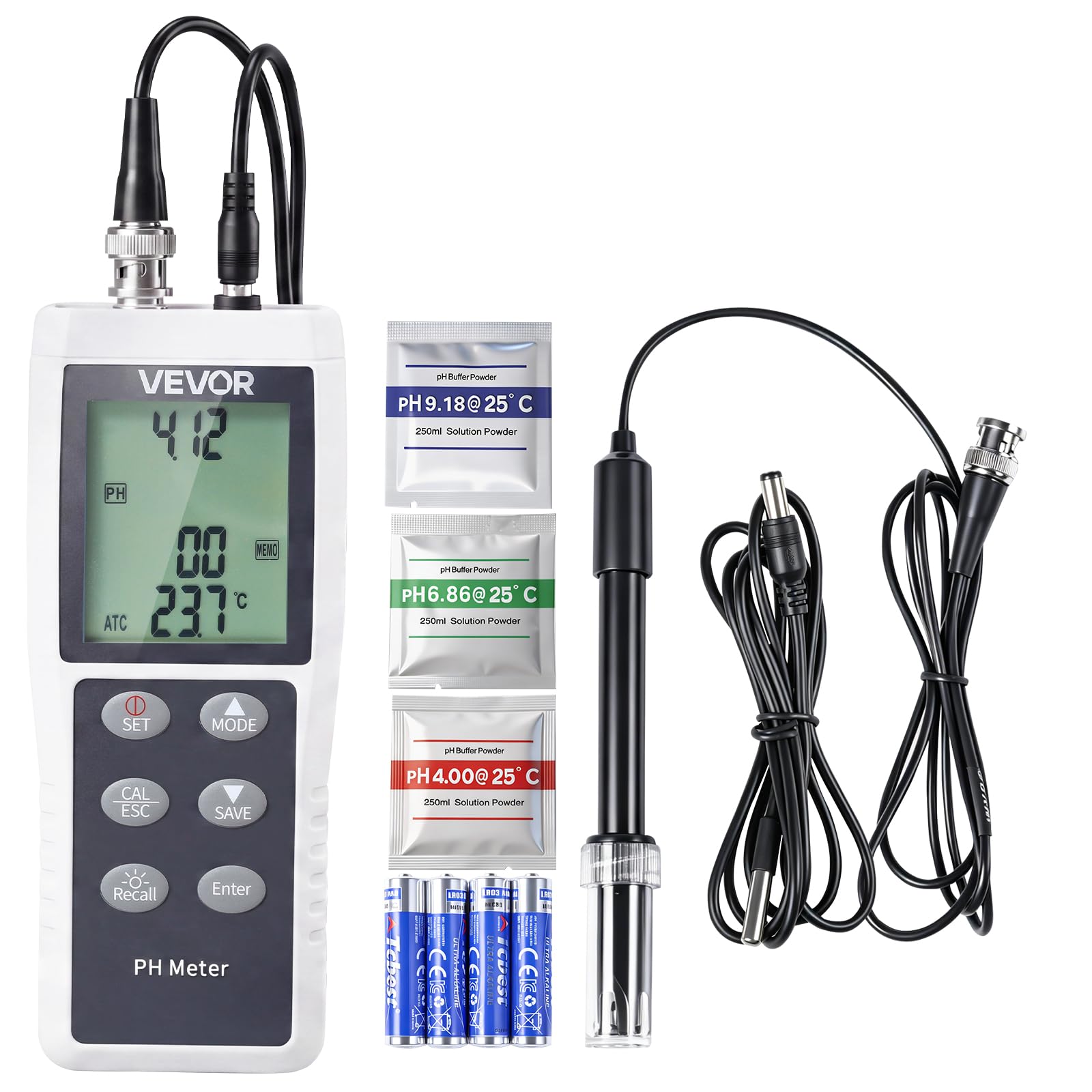 VEVOR pH-Meter, Messbereich 0–14, Wasserdichte Sonde (IP68), 3-Punkt-Automatikkalibrierung, Tragbares Tester-Set mit Kalibrierpulver, Temperatursonde & Tragetasche, für Trinkwasser & Hydrokultur