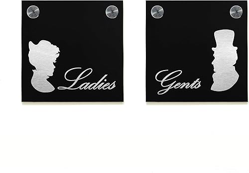 Hotel Restroom Door Sign - Fiber Laser Engraved Black Aluminum - Modern WC Signs - Bathroom Decor Plate - Set of Two - Style Ladies & Gents