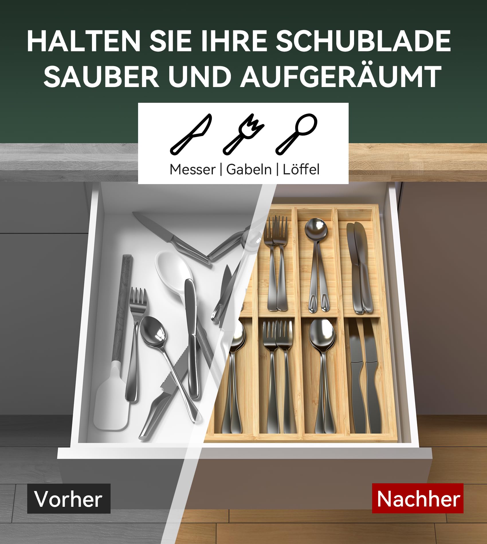 WELL WENG Organizador de cubiertos con 10 compartimentos fijos – Organizador de cajones para cucharas, tenedores, cuchillos y utensilios de cocina – Caja para cubiertos que ahorra espacio (40,7 x 31,2