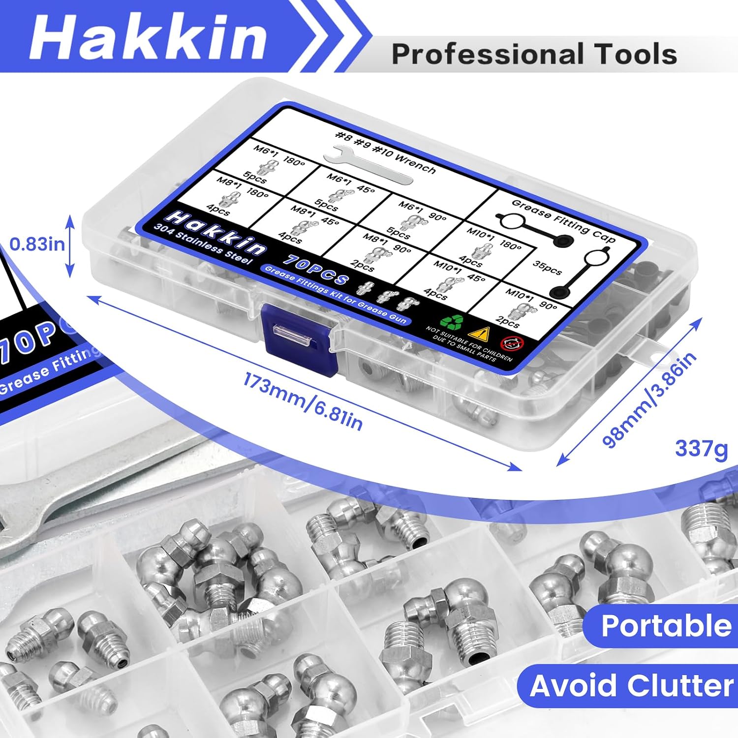 Hakkin Grease Zerk Fittings 304 Stainless Steel, 73PCS M6 M8 M10 Metric Grease Fittings Kit, Straight 45 90 Degree Grease Fittings Assortment with Caps & Wrench, for Automotive Industrial