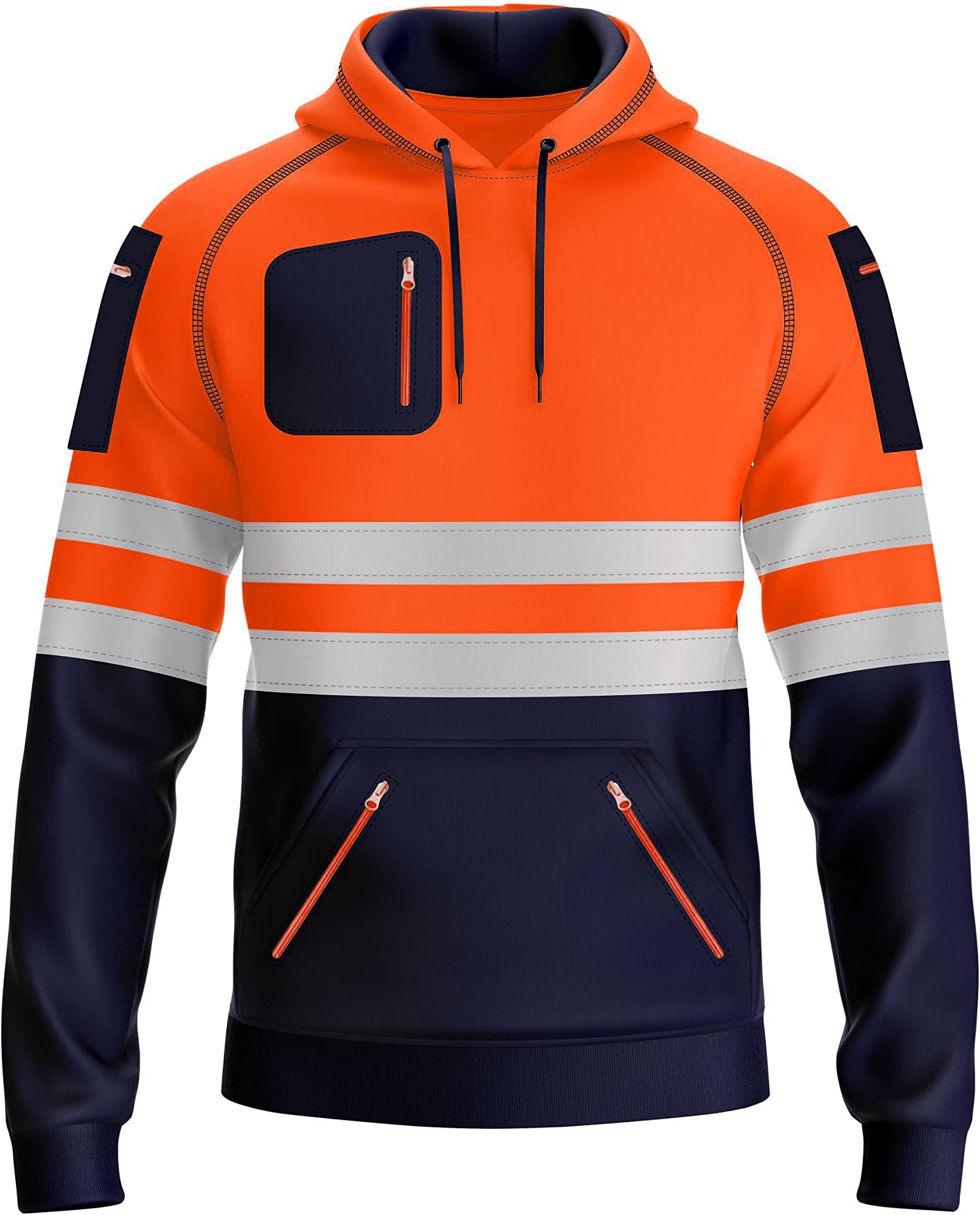 Mens Hi Vis Pullover Hoodie Reflective Tape Safety Work Drawstring Multi Zipped Pockets High Viz High Visibility Hoodie Sweatshirt