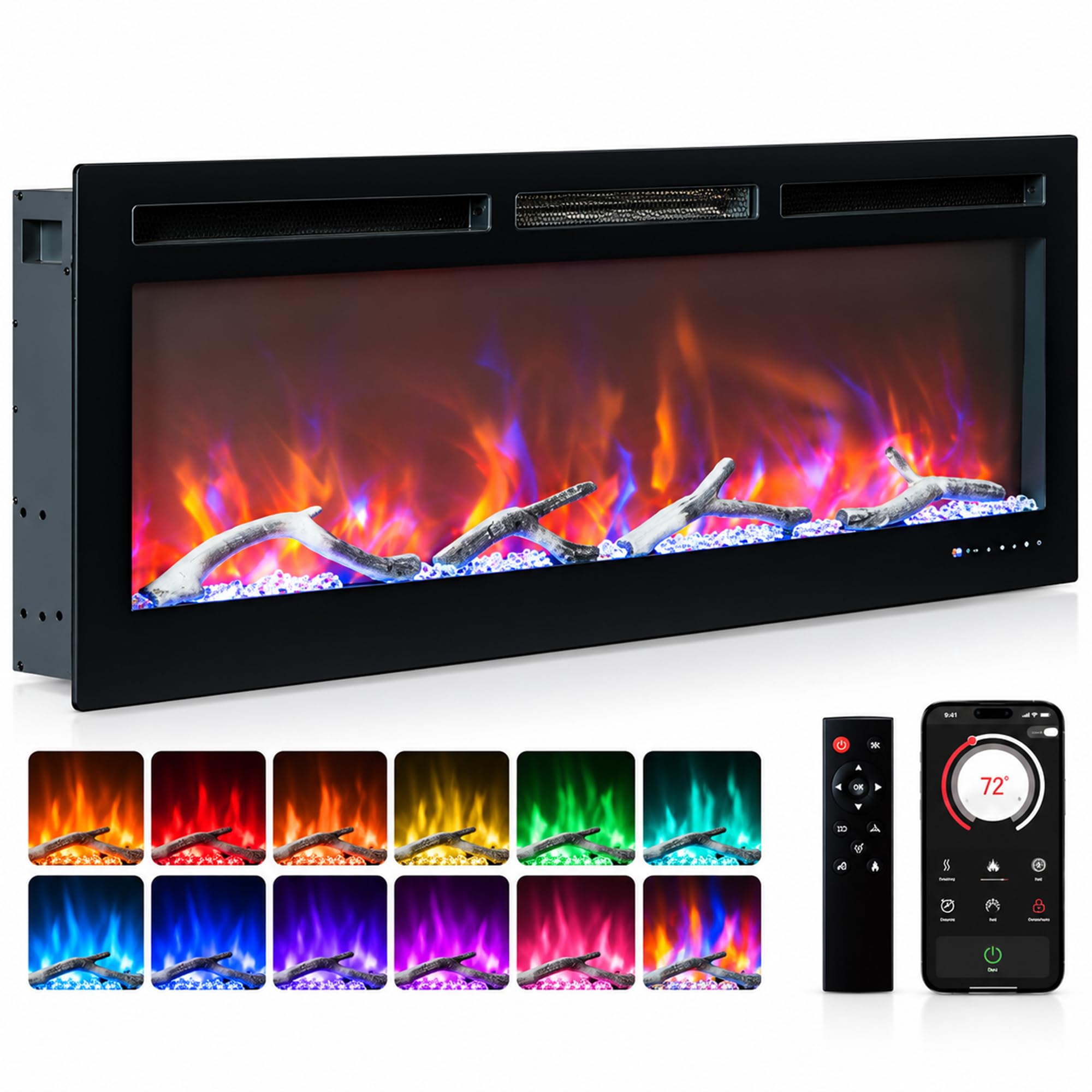 GarveeTech 50 Inch Smart Electric Fireplace,Recessed and Wall Mounted | 12 Flame Colors, WiFi & Alexa Control, 750W/1500W Heating, 3D Realistic Flames, Remote Control, Modern Fireplace Insert
