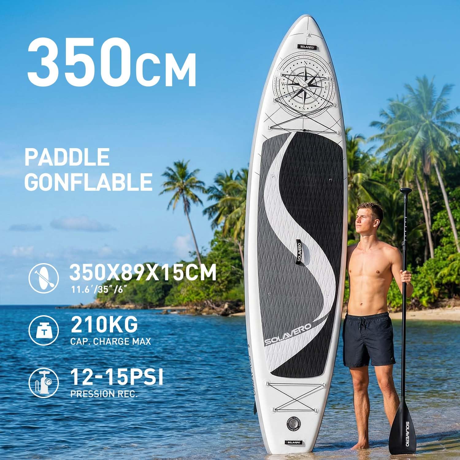 SOLAVERO Stand Up Paddle Gonflable 350 x 89 x 15 cm Adulte 200kg 2 Personnes avec Pagaie Réglable, Pompe, Leash, Pochette et Sac à Dos