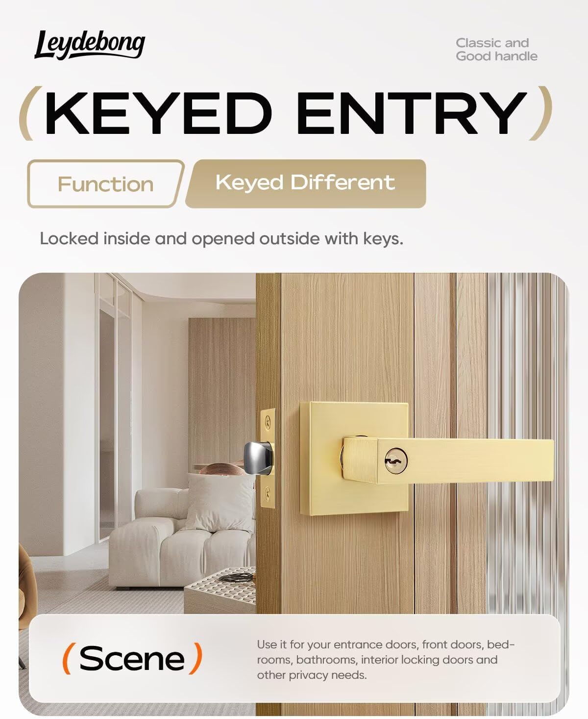 Leydebong 2 Pack Gold Door Lock with Keys, Keyed Different Door Knobs, Gold Door Handles with Lock and Key, Satin Brass Door Knob Exterior, Reversible for Right & Left Side
