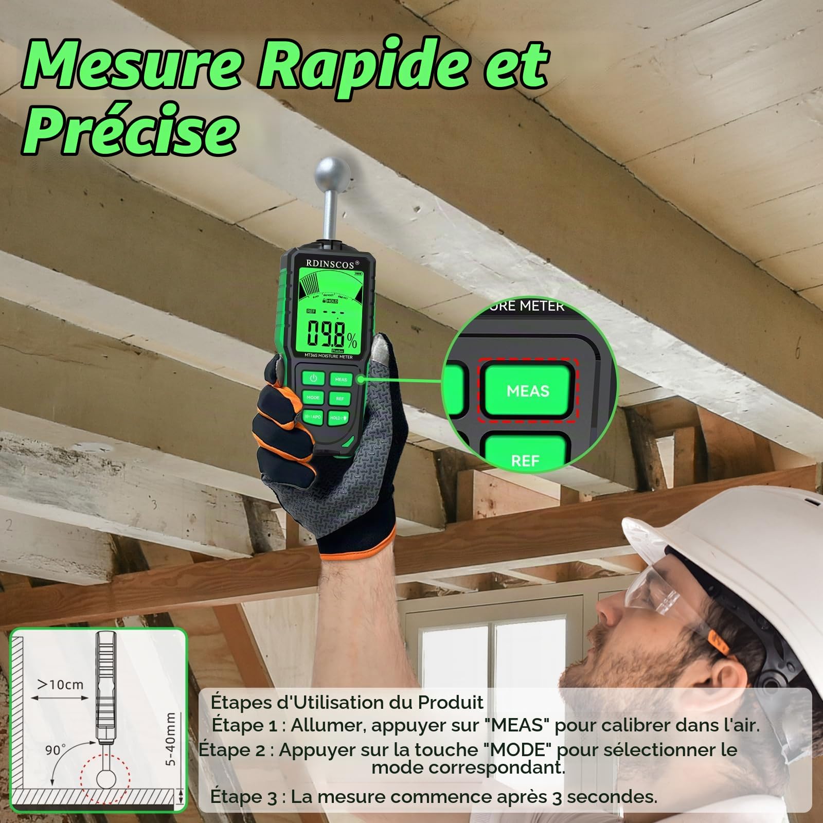 Testeur Humidité Mur,RDINSCOS MT36S Humidimètre NON Destructif Humidité Mur avec écran 3 Couleurs Détecteur Humidité avec 4 Modes pour Murs, Tuiles, Bois, Plâtre, Béton