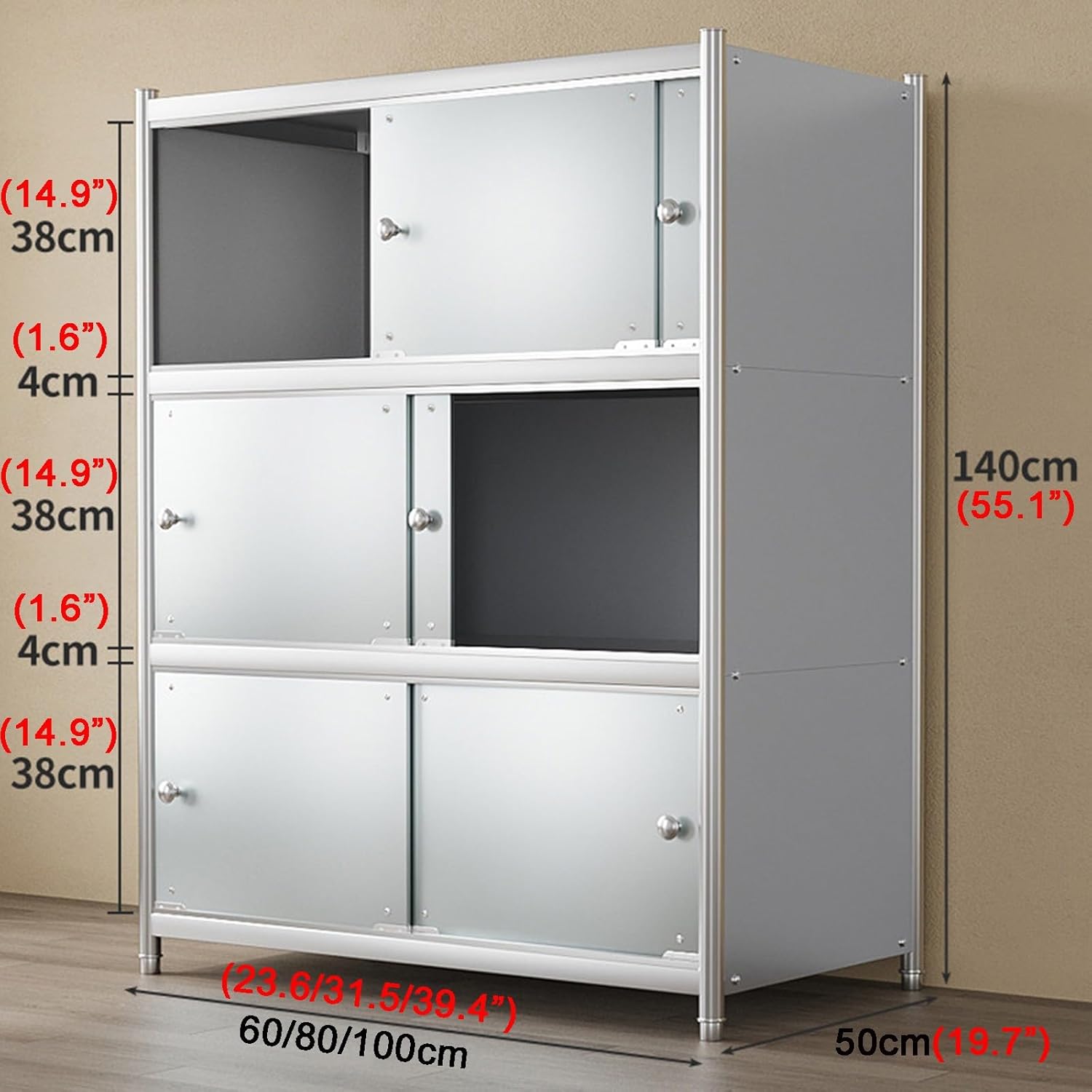 Workbench with Sliding Doors Worktable Three-Tier Stainless Steel Shelving Cabinet with Back Panel Household Metal Storage Table Adjustable Feet Easy Installation H140cm(100x50x140cm/39.4x19.7x55.1”)