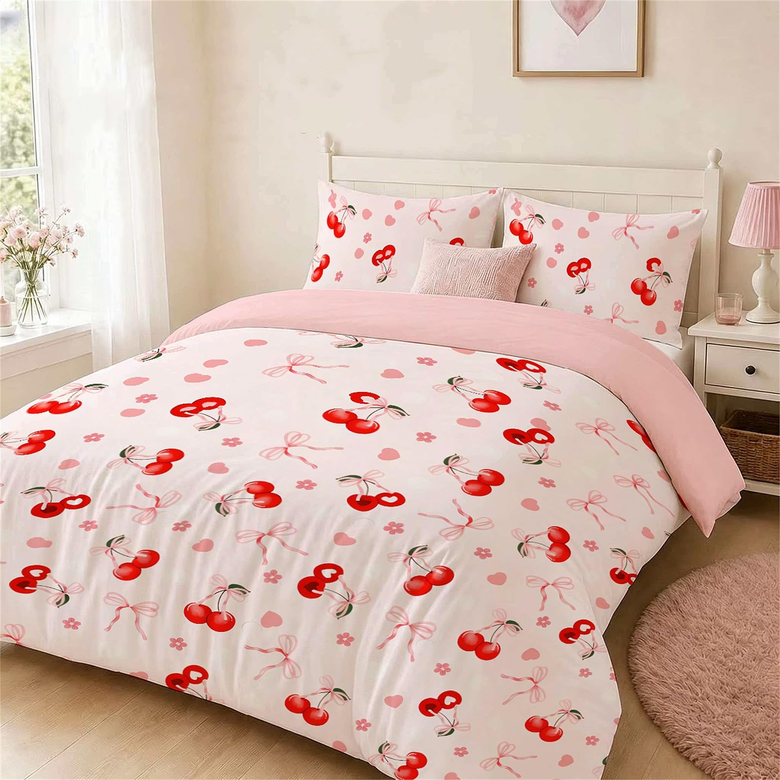 Vryxel Girls Kids Cherry Bow Heart Bedding Single Duvet Cover Set Bed Zipper Pink Red 135 x 200 CM