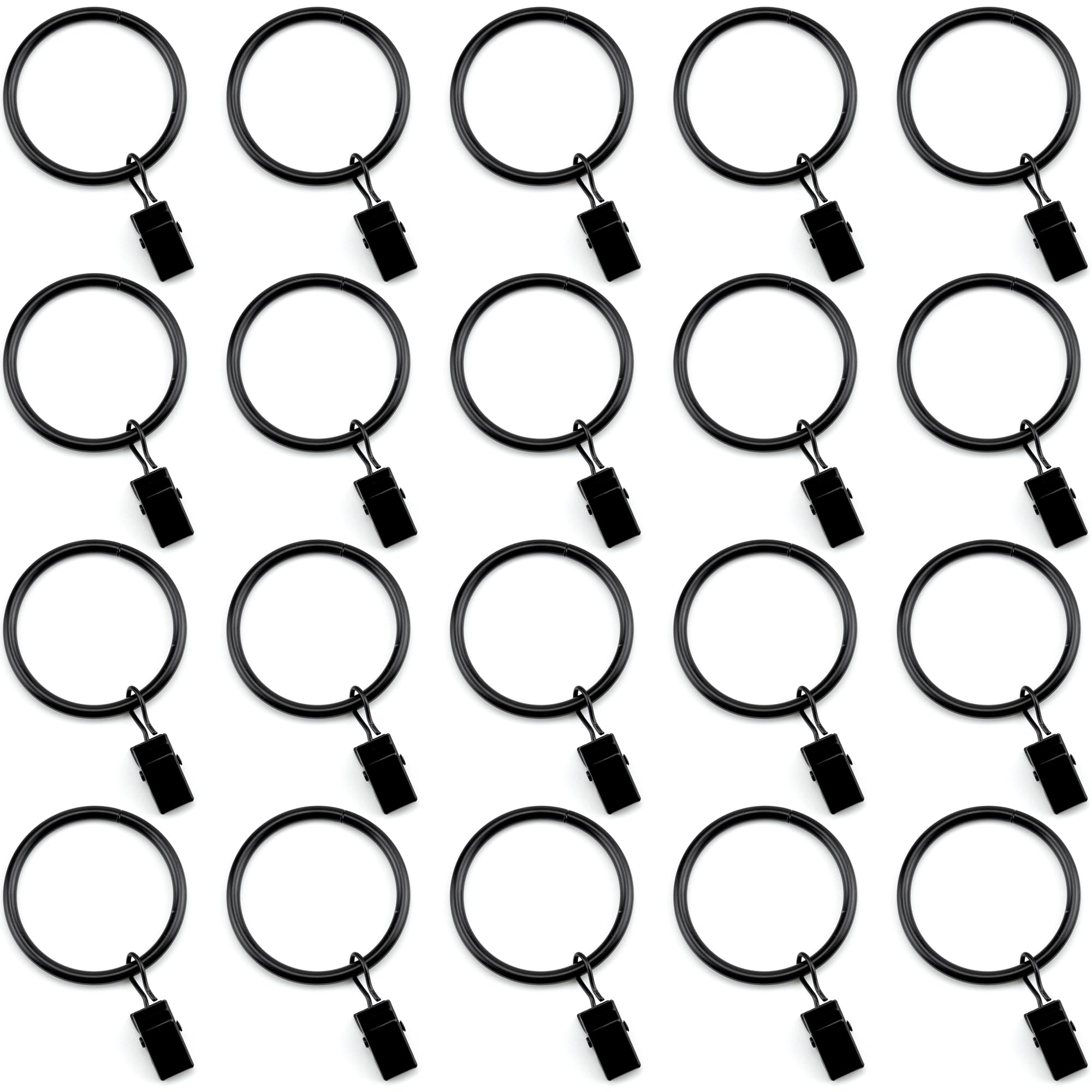 Set of 20, 1.5 Inch Metal Curtain Ring Hooks with Clips, Decorative Curtain Clips and Eyelets, Drapery Ring Hooks, Curtain Rod Hanger Hooks for Bathroom, Black