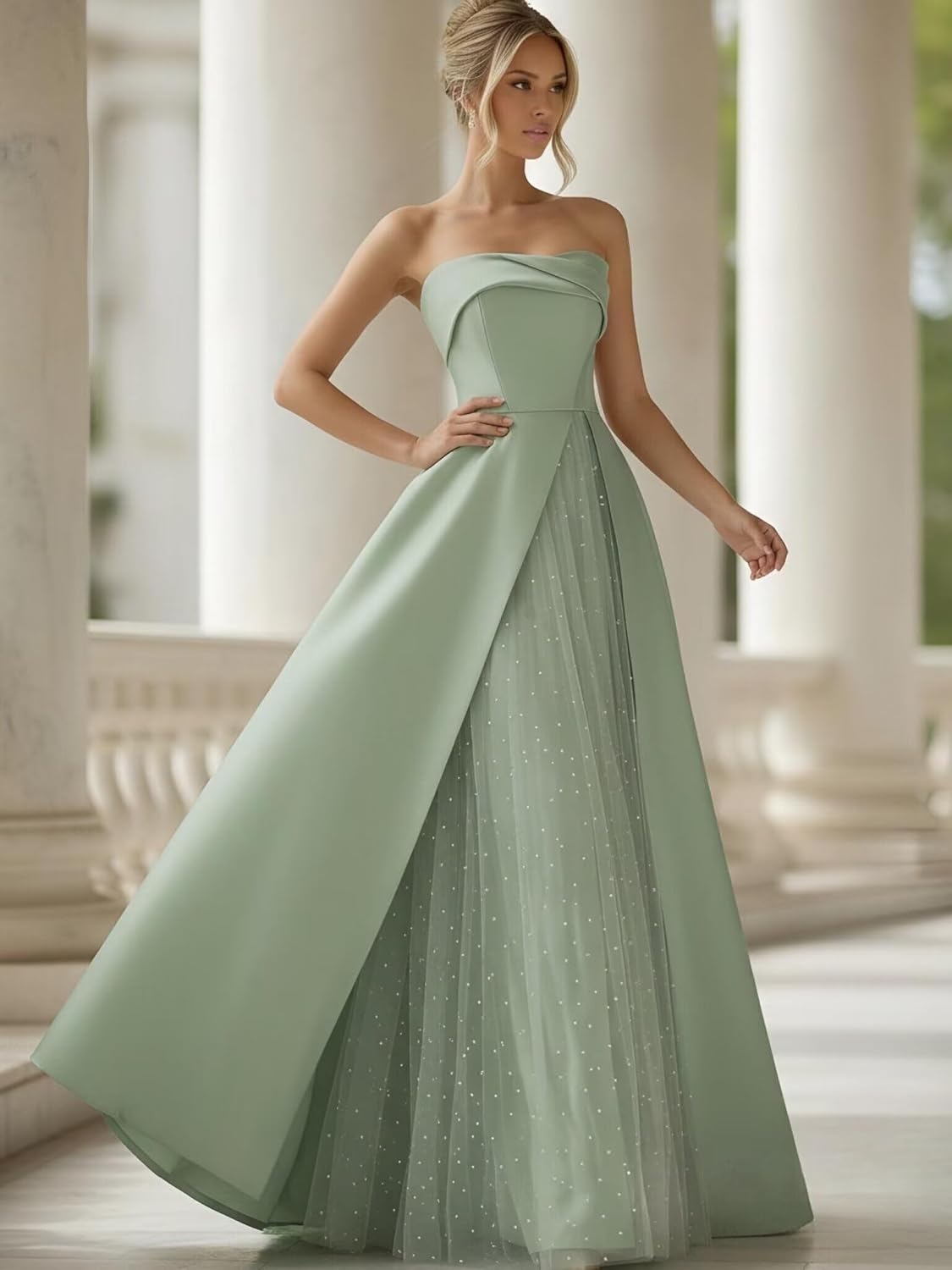 Satin Prom Dresses for Women A Line Strapless Long Tulle Empire Ball Gown