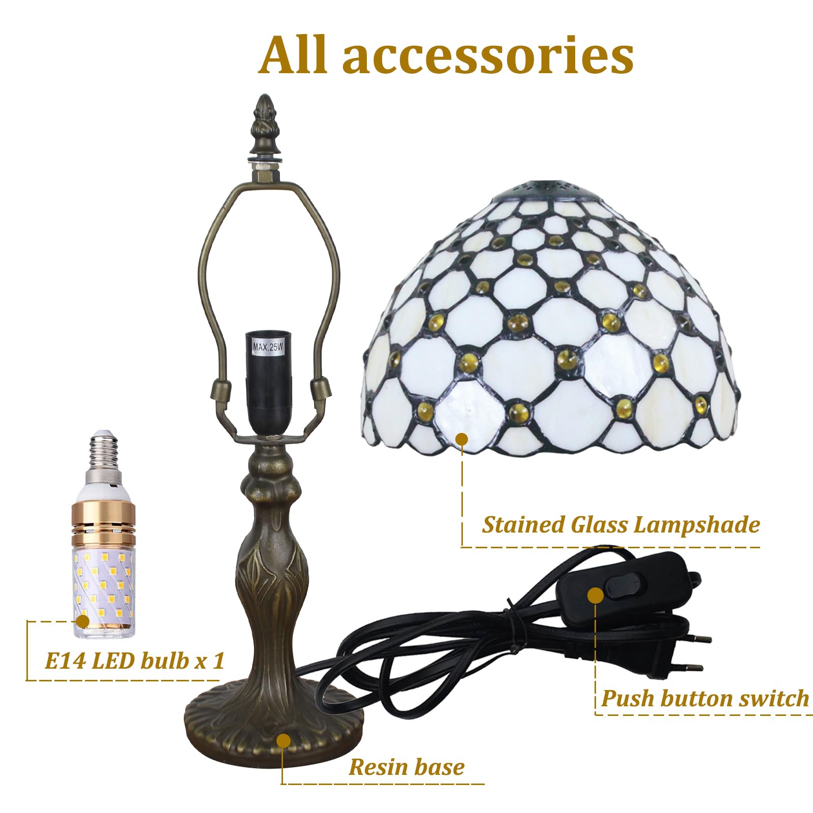 Tischlampe kleine im Tiffany Stil,Vintage Nachttischlampe,Schlafzimmer Fensterbank Deko Lampe,Jugendstil Tischleuchte,Beige Buntglas Lampenschirm 20cm / 8 Zoll mit LED E14 Birne