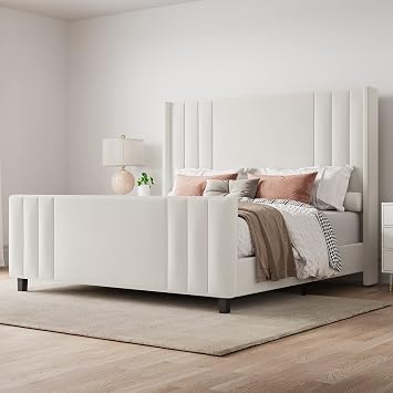 Albott Queen Size Platform Bed Frame, Upholstered Bed with Vertical Channel Tufted Wingback Headboard & Footboard, Premium Velvet, No Box Spring Needed, Cream