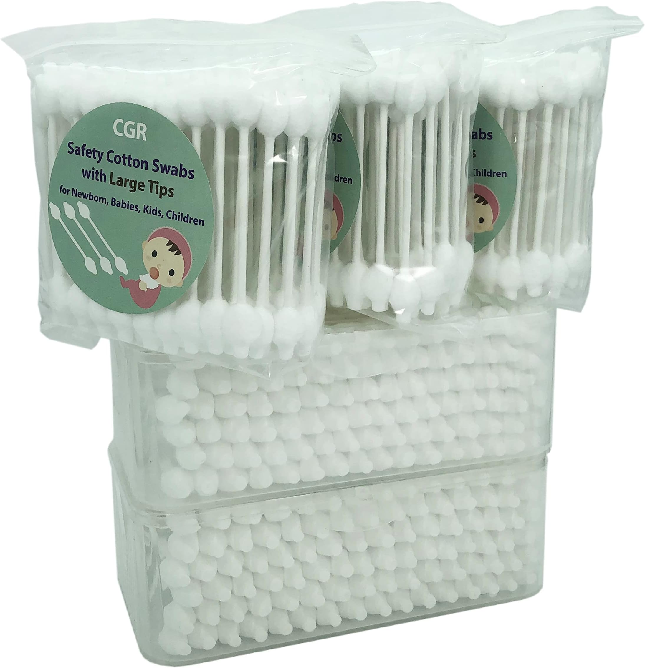 400pcs CGR Baby Safety Cotton Buds with Large Tips for Newborn, Babies, Kids, Children, 100% Organic Cotton, White Paper Sticks, 5 Pack of 80 Buds Total(2 Boxes and 3 Bags)
