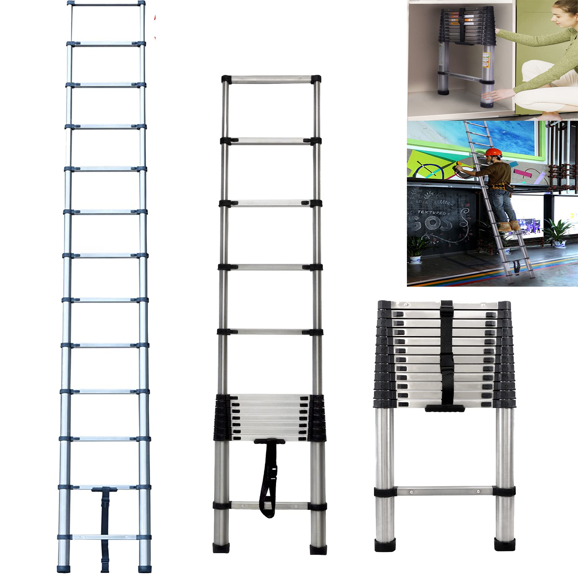 3.8m Telescopic Ladder Multi-Purpose Stainless Steel Telescoping Ladder Loft Extension Extend Portable Ladder Foldable Ladder with EN131 and CE