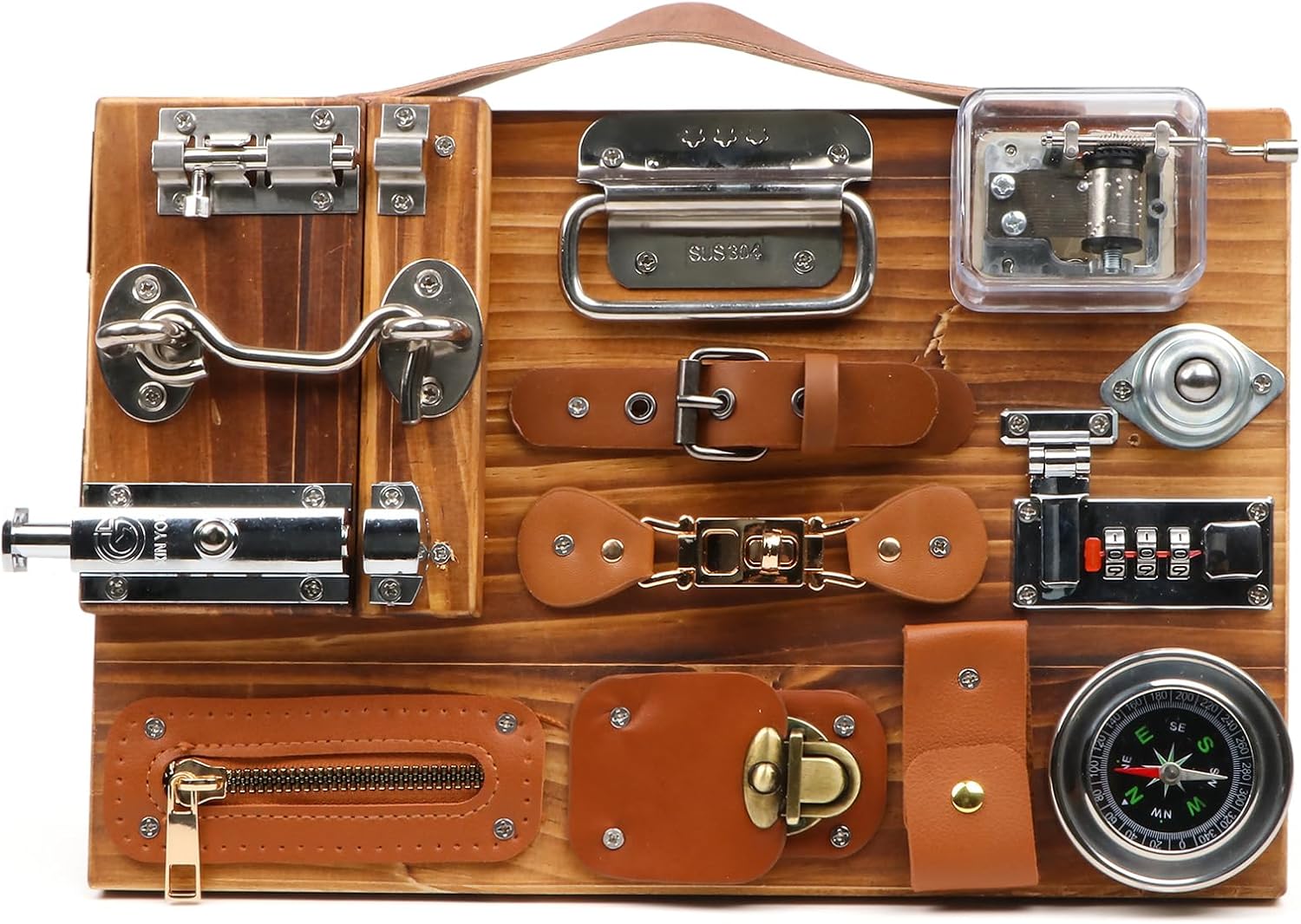 Busy Board for Toddlers, Travel Toy Fidget Board Activity Board for Fine Motor Skills, Wooden Busy Board Toys for 3 Years Old Boys & Girls with Switch, Locks, Music Box...