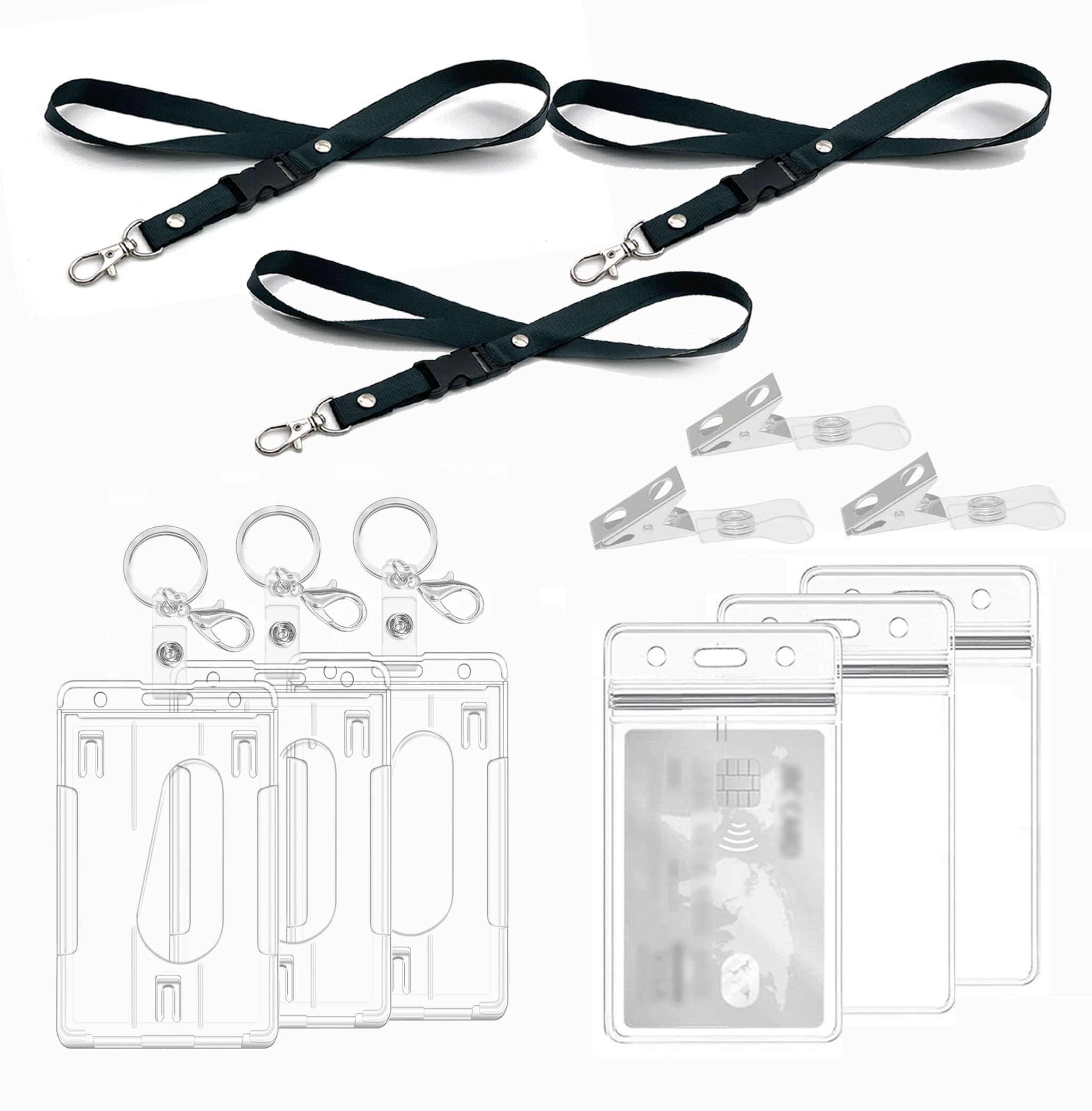 ID Card Holders with Lanyard,Keychains,Clips, Hard Clear Badge Holder, for ID Card Holder Office,School