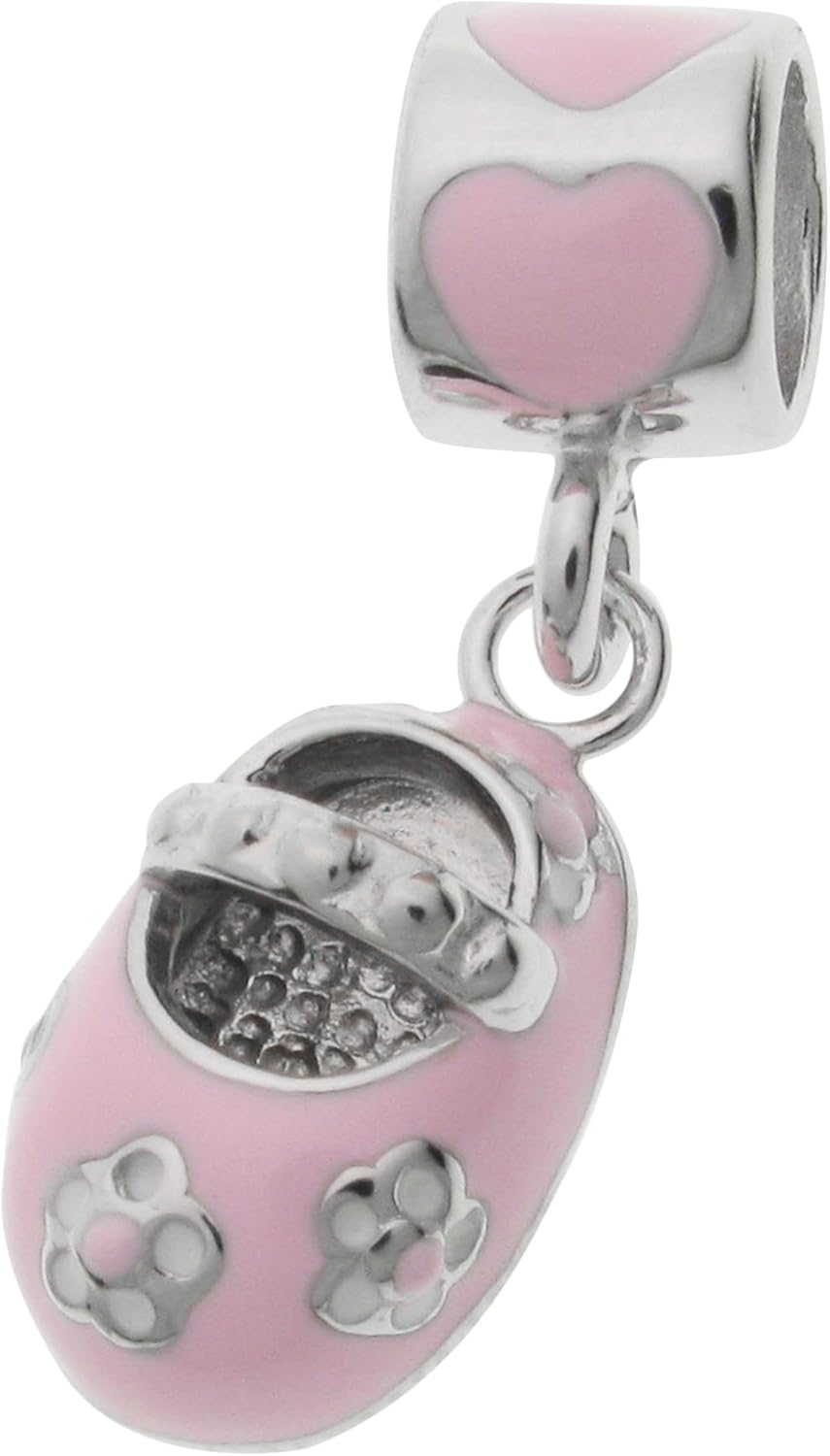 Dreambell Rhodium On 925 Sterling Silver Little Girl Shoe Pink Enamel Dangle For European Charm Bracelets
