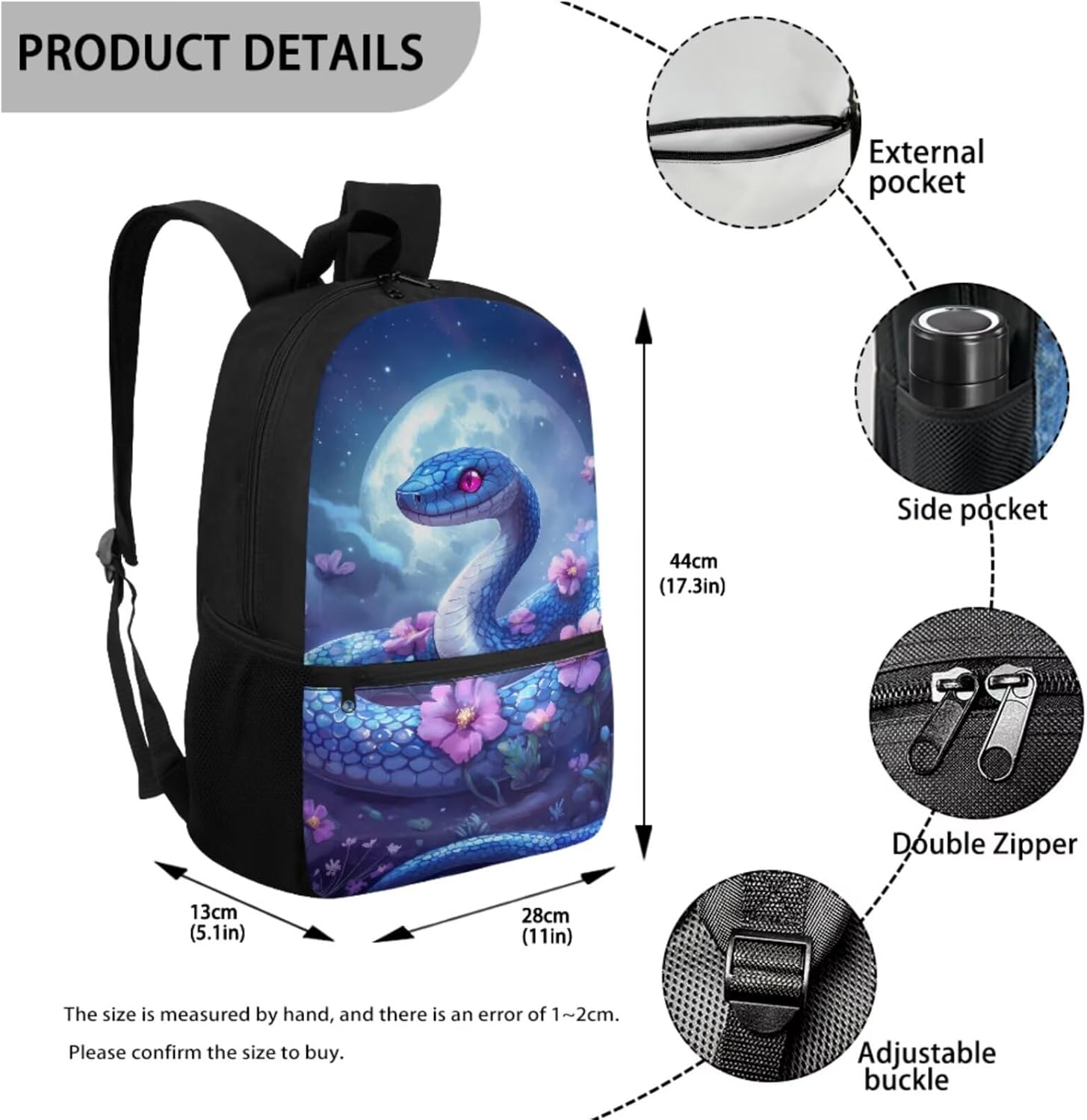 WELLFLYHOM Snake Kids School Backpack Elementary Book Bag for Girls Back Pack with Lunch Bag Pencil Case Water Bottle Cover Moon Flower Kids Daycare Bag Gift for Back to School Season