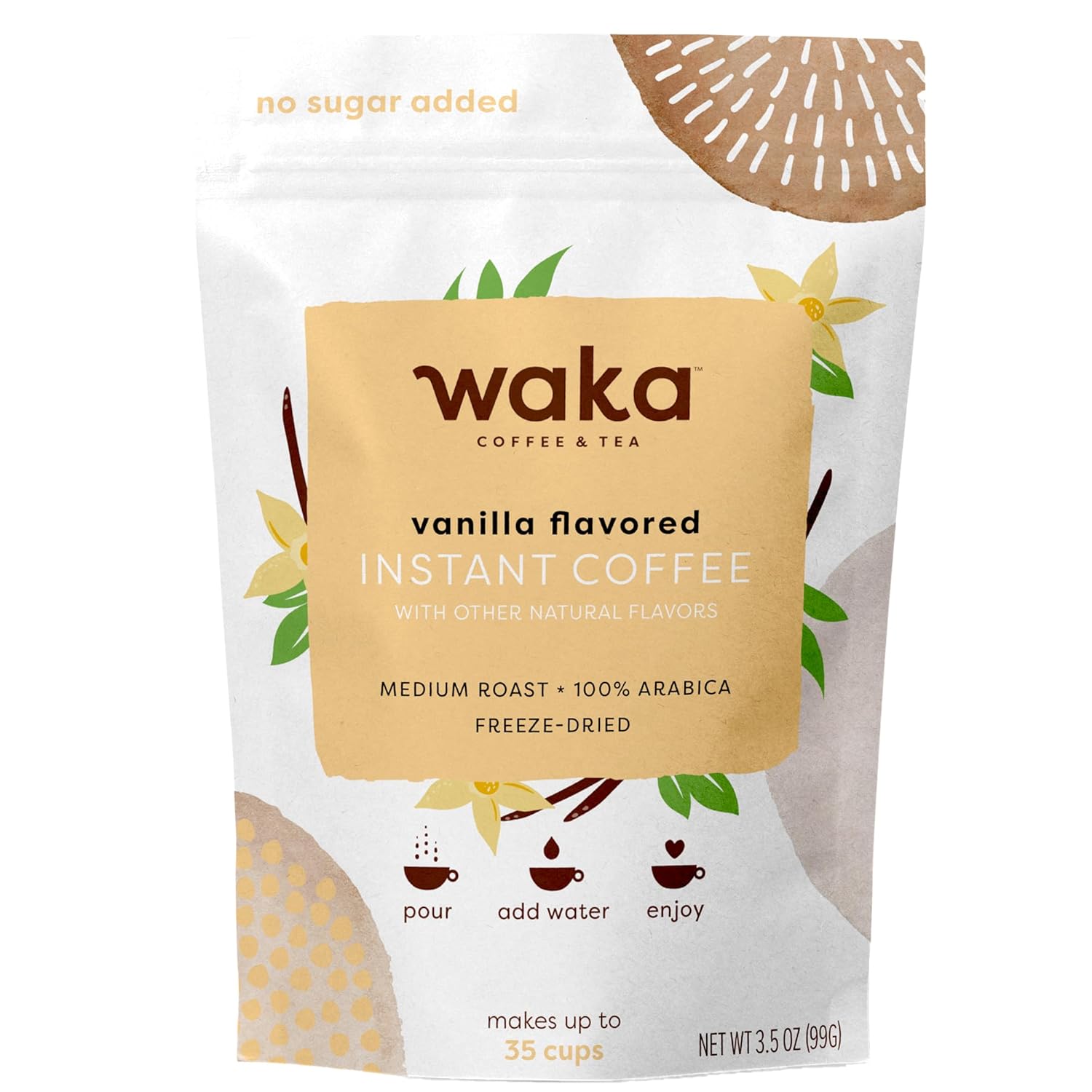 Waka Instant Coffee, Vanilla Flavored – 100% Arabica Beans, Freeze Dried Granules, No Additives – Bulk Bag for Quick Hot and Iced Coffees, Up to 35 Cups (3.5oz)
