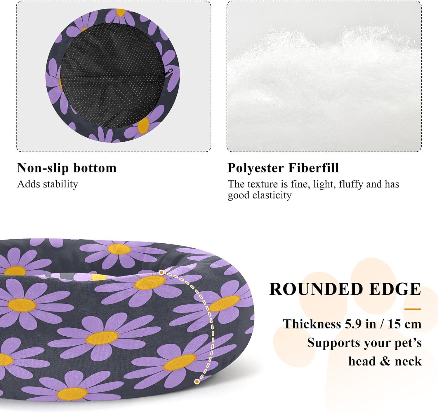 Round Cat Bed Dog Bed,20in Purple Daisies Washable Non-Slip Bottom Soft Pet Bed for Small Medium Dogs and Cats