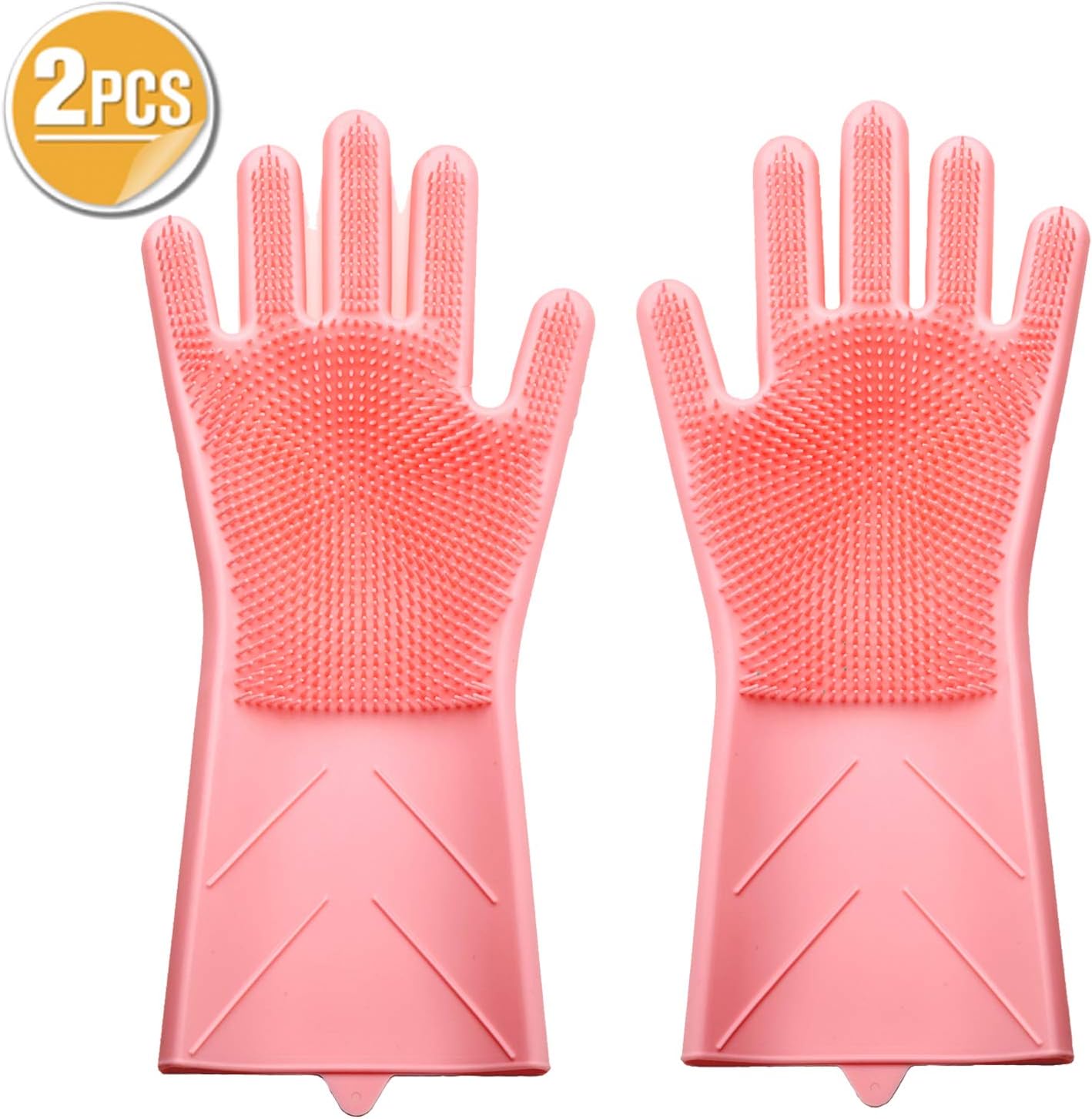 2 Pcs Magic Silicone Gloves with Wash Scrubber, 2 in 1 Heat Resistant Silicone Brush Scrub Gloves for Cleaning, Household, Dish Washing, Washing the Car, Pet Hair Care (Pink)