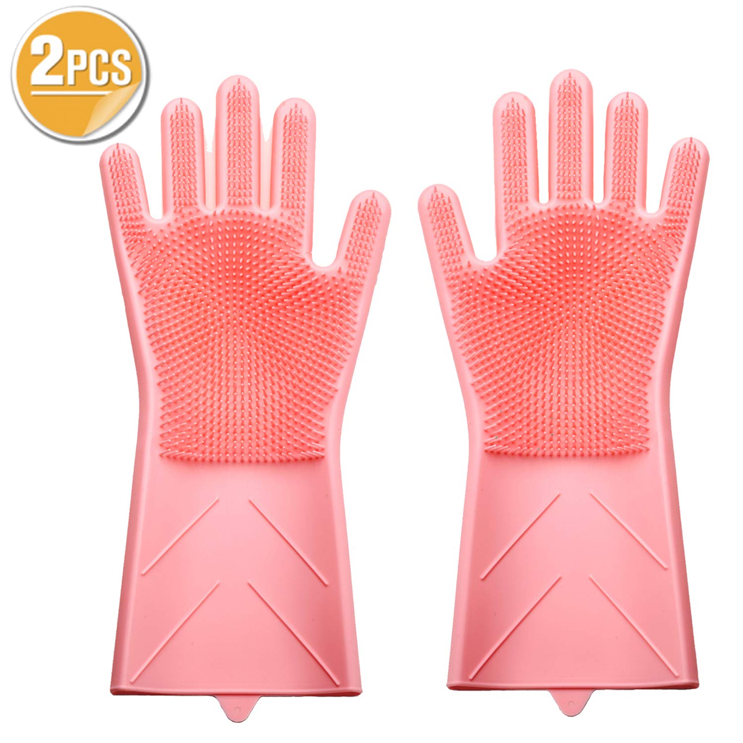 2 Pcs Magic Silicone Gloves with Wash Scrubber, 2 in 1 Heat Resistant Silicone Brush Scrub Gloves for Cleaning, Household, Dish Washing, Washing the Car, Pet Hair Care (Pink)