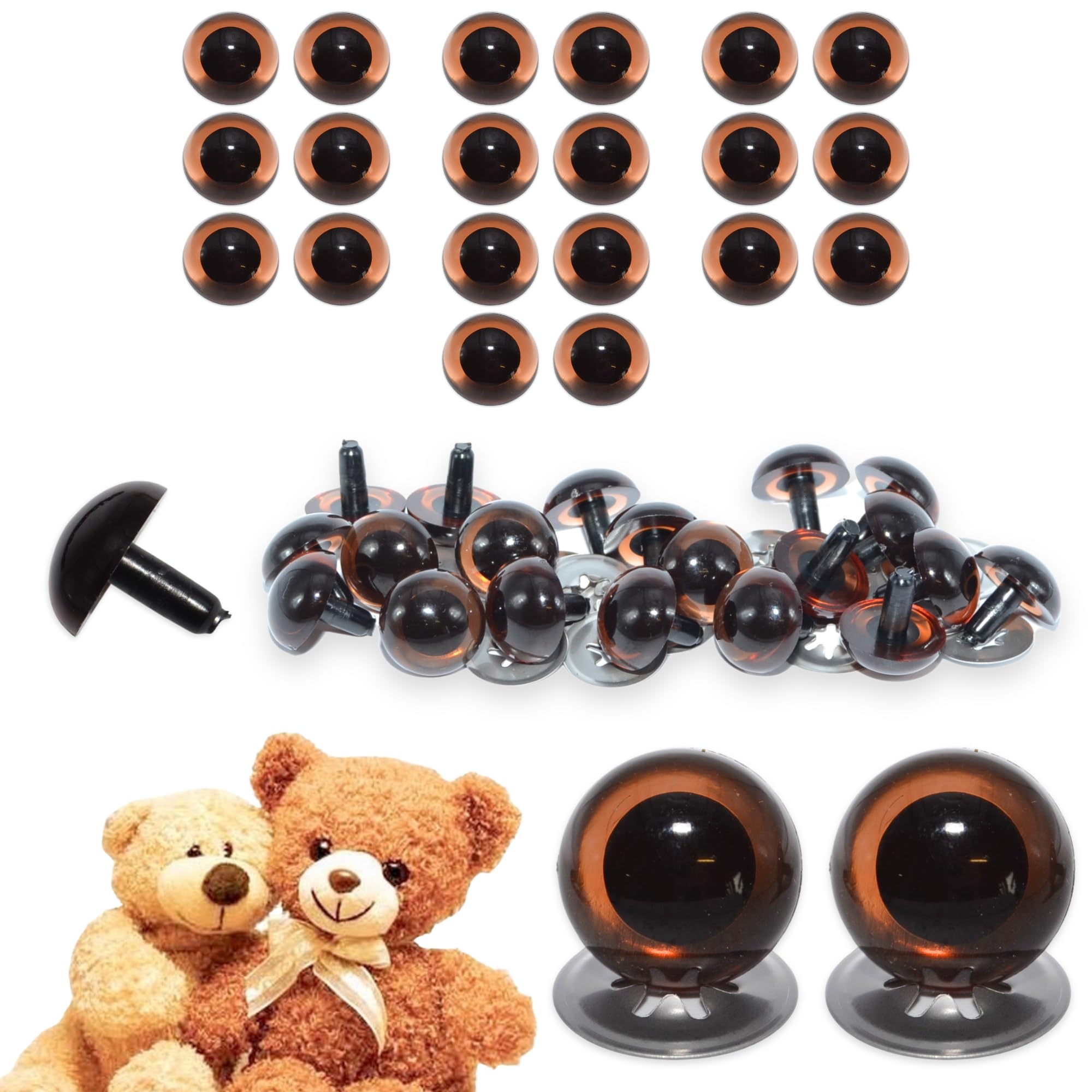 celloexpress 15mm Transparent Brown Crystal Eyes with Metal Backs - Safety Eyes for Soft Toy Teddy Bear Animal Making (Pack of 10 Pairs)