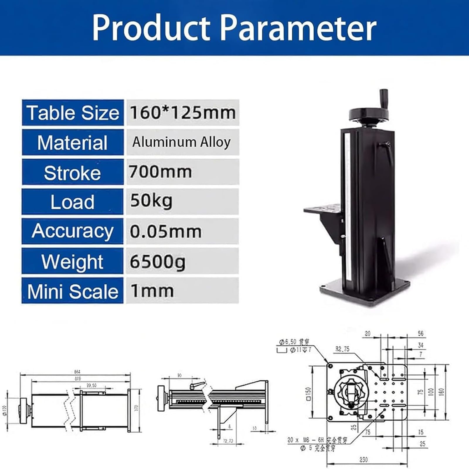 Plateforme de levage optique, table coulissante à déplacement manuel en alliage d'aluminium avec vis en T, course de 160 mm, charge de 50 kg, pour laboratoire