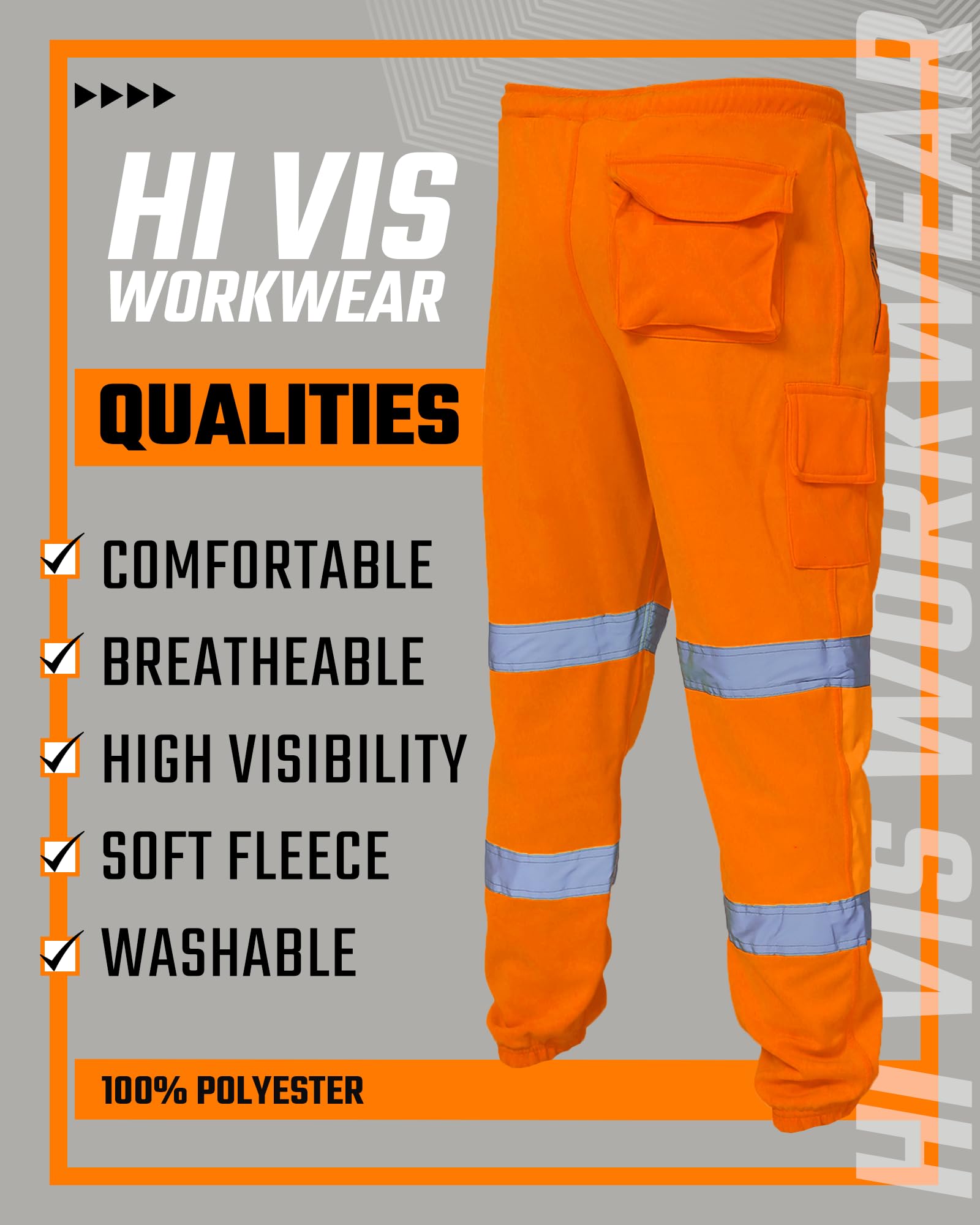 Pantalones de trabajo 100% poliéster Hi Viz para hombre, pantalones de chándal de seguridad, múltiples bolsillos, súper suaves, de alta visibilidad, pantalones de trabajo de seguridad