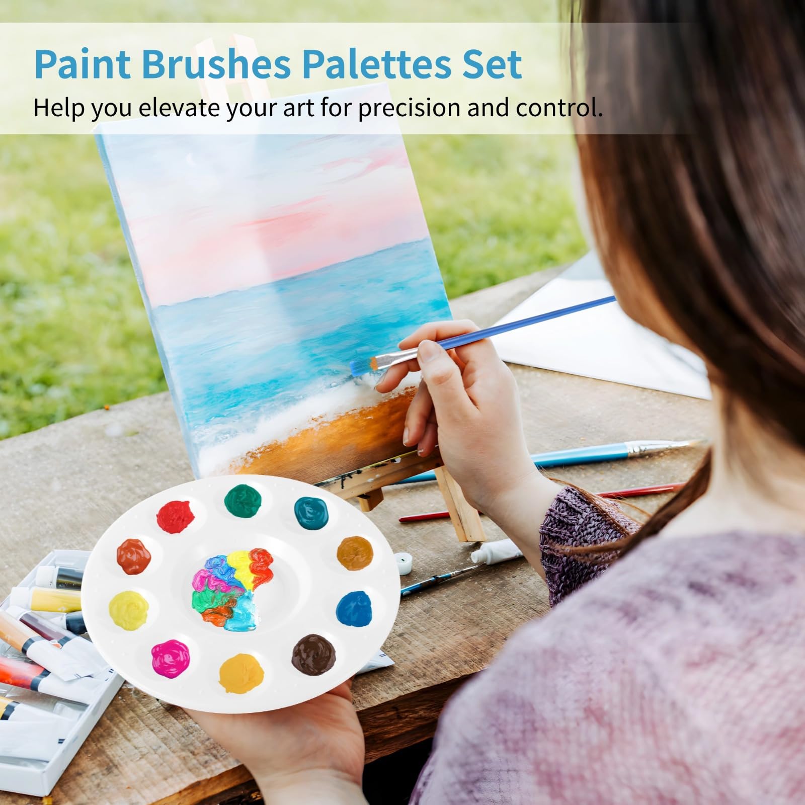 Suministros de pintura acrílica para pintura al óleo y acuarela, juego de 150 pinceles de pintura, 50 bandejas redondas y 100 pinceles de pintura de nailon