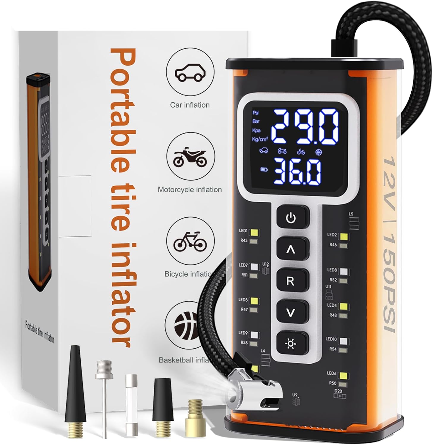 Tire Inflator Portable Air Compressor, Air Pump for Car Tires 5X Faster 150 Psi Digital Pressure Gauge, LED Light and Auto Shut-off Cordless Pocket Portable Pump for Car, Motorcycle, Bike, Balls etc. Tire Inflator Portable Air Compressor, Air Pump for Car Tires 5X Faster 150 Psi Digital Pressure Gauge, LED Light and Auto Shut-off Cordless Pocket Portable Pump for Car, Motorcycle, Bike, Balls etc.