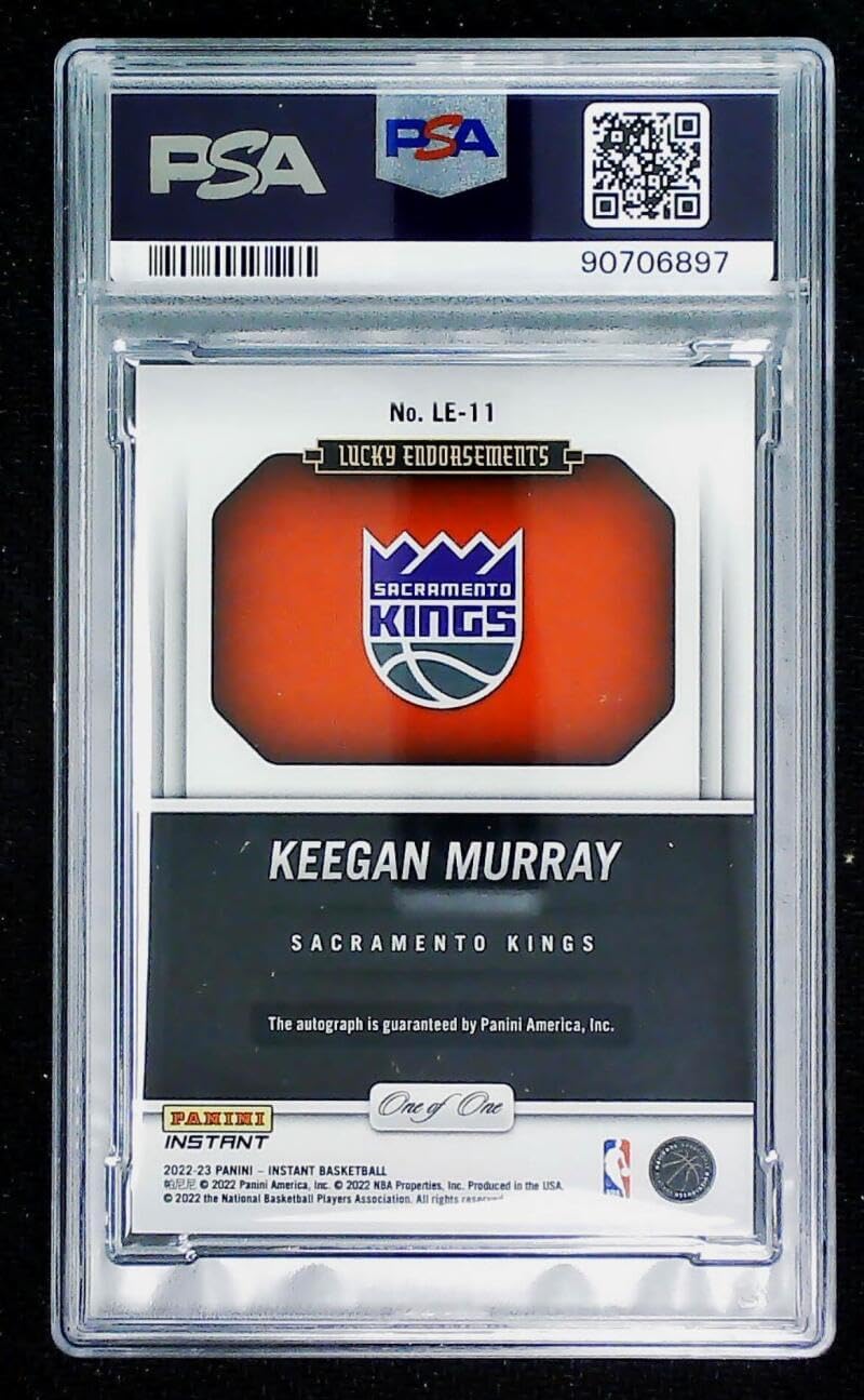 2022-23 Panini Instant Lucky Endorsements Autograph #LE-11 Keegan Murray RC Rookie AUTO 1/1 Kings Basketball Trading Card Graded PSA 9 (MINT)