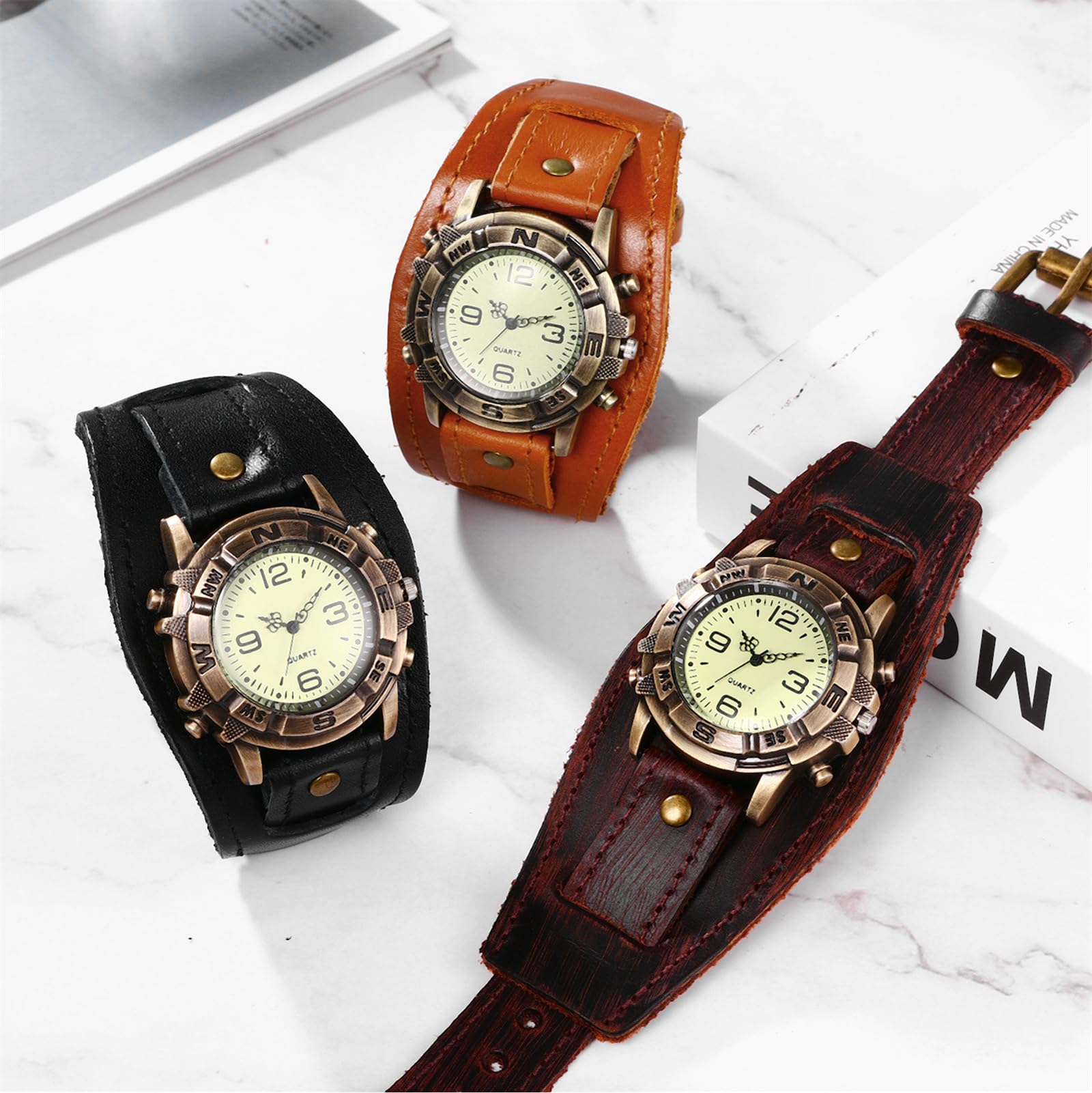 JewelryWe Męski zegarek z prawdziwej skóry, zegarek męski – steampunk retro analogowy zegarek kwarcowy ze skórzaną bransoletką na Halloween zegarek na co dzień dla mężczyzn i kobiet