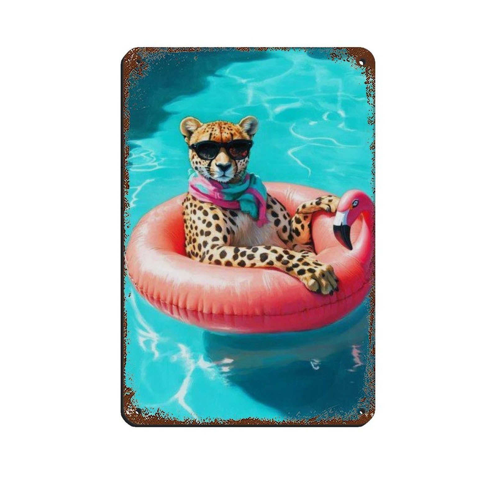 Cool Cheetah Floating on Flamingo Pool Float Retro Poster Metal Tin Sign Chic Art Retro Iron Painting Bar People Cave Cafe Family Garage Poster Wall Decoration 8x12inch(20x30cm)