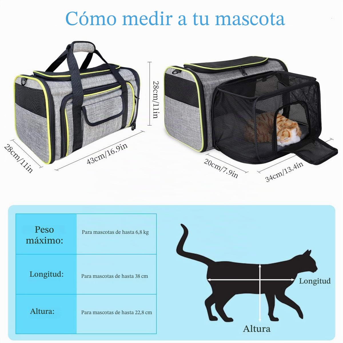 Transportbox Gato Transportbox Perro Plegable Hundetragetasche, Faltbare Katzentragetasche con Schultert, Transporttasche de Mascotas Perro y Gato en el Coche o en el avión, Gris