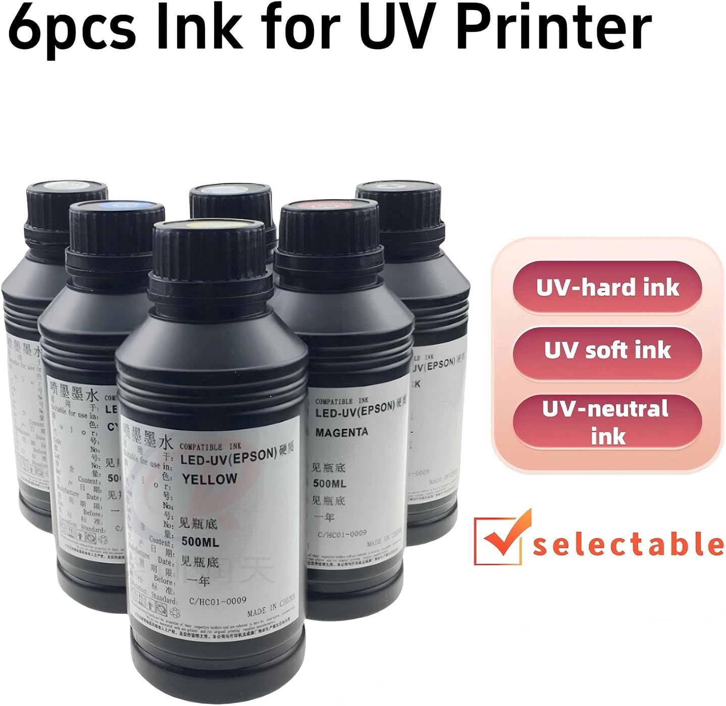 UV Ink for Printing on Various Soft, Hard Materials 6 * 500ML (Cmykw+v)