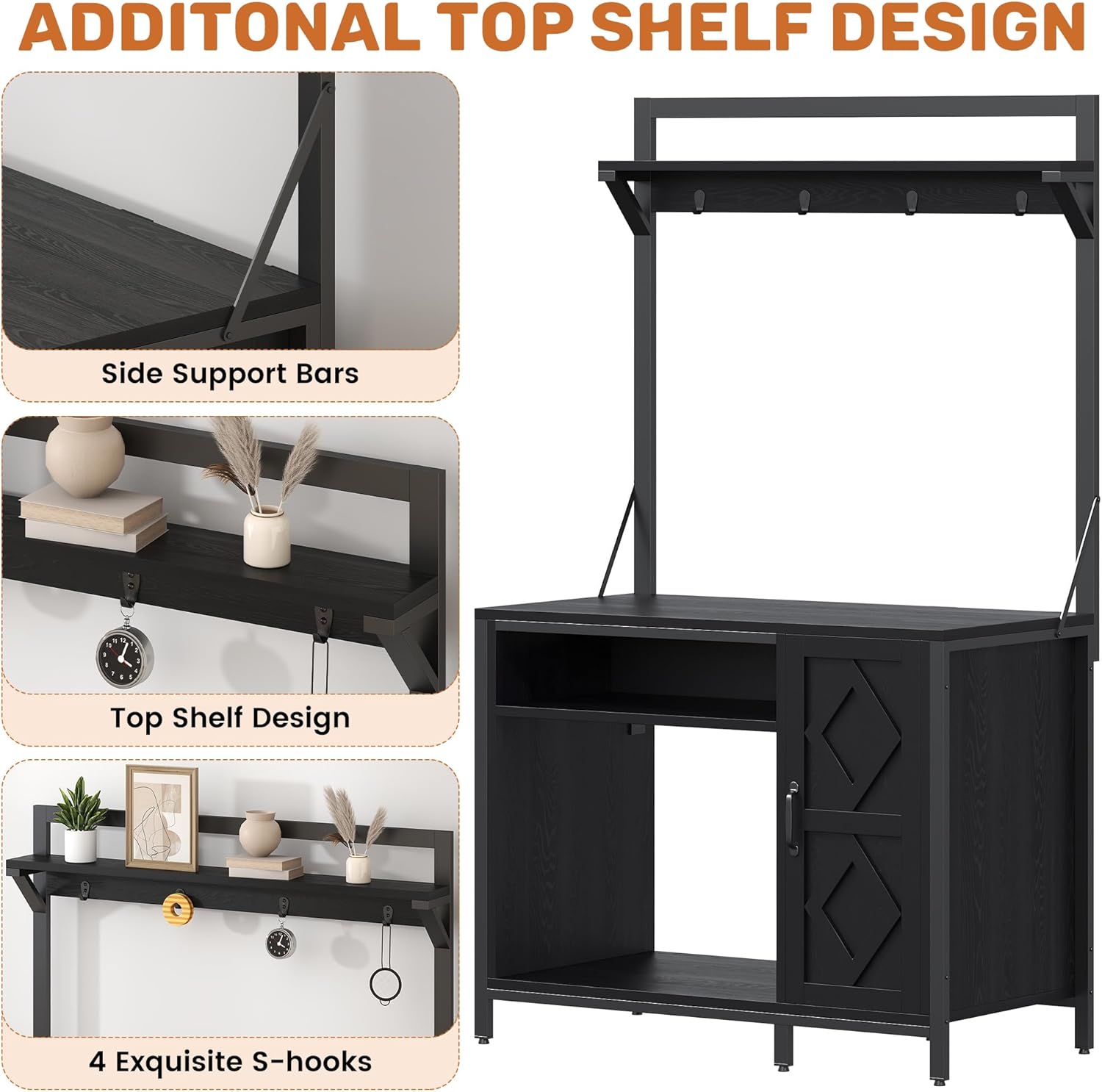 40-50 Gallon Diamond Fish Tank Stand with Power Outlet, Heavy Duty Aquarium Cabinet with Display Shelf and 4 Hooks, Suitable for Turtle Tank, Reptile Terrarium for Home Office (Classic Black)