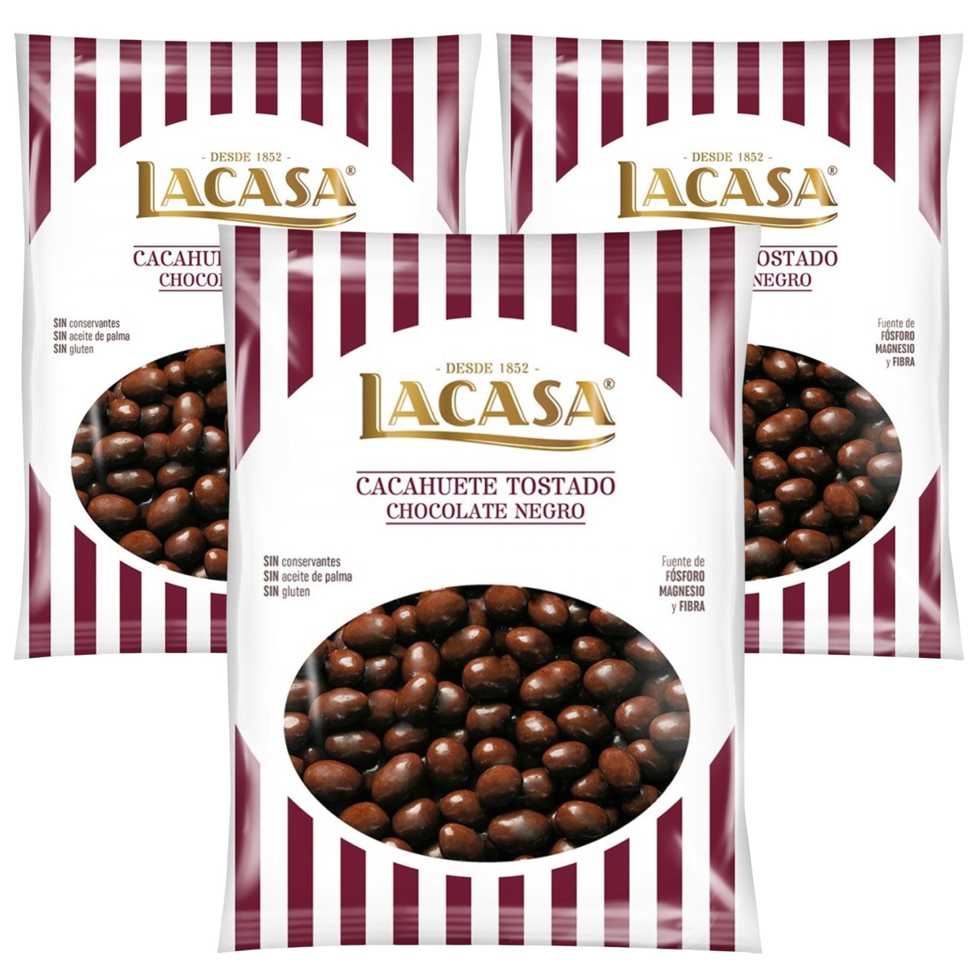 Lacasa Lote de 3x Bolsita de Cacahuete Tostado con Chocolate Negro 450G