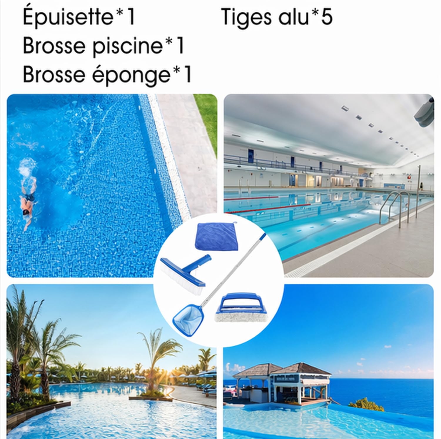 Kit Piscine Nettoyage Epuisette Piscine Maille Extra Fine avec 146cm Télescopique Réglable, Brosse de Piscine et Chiffons de Mettoyage pour étangs, Bains à remous, Pataugeoires