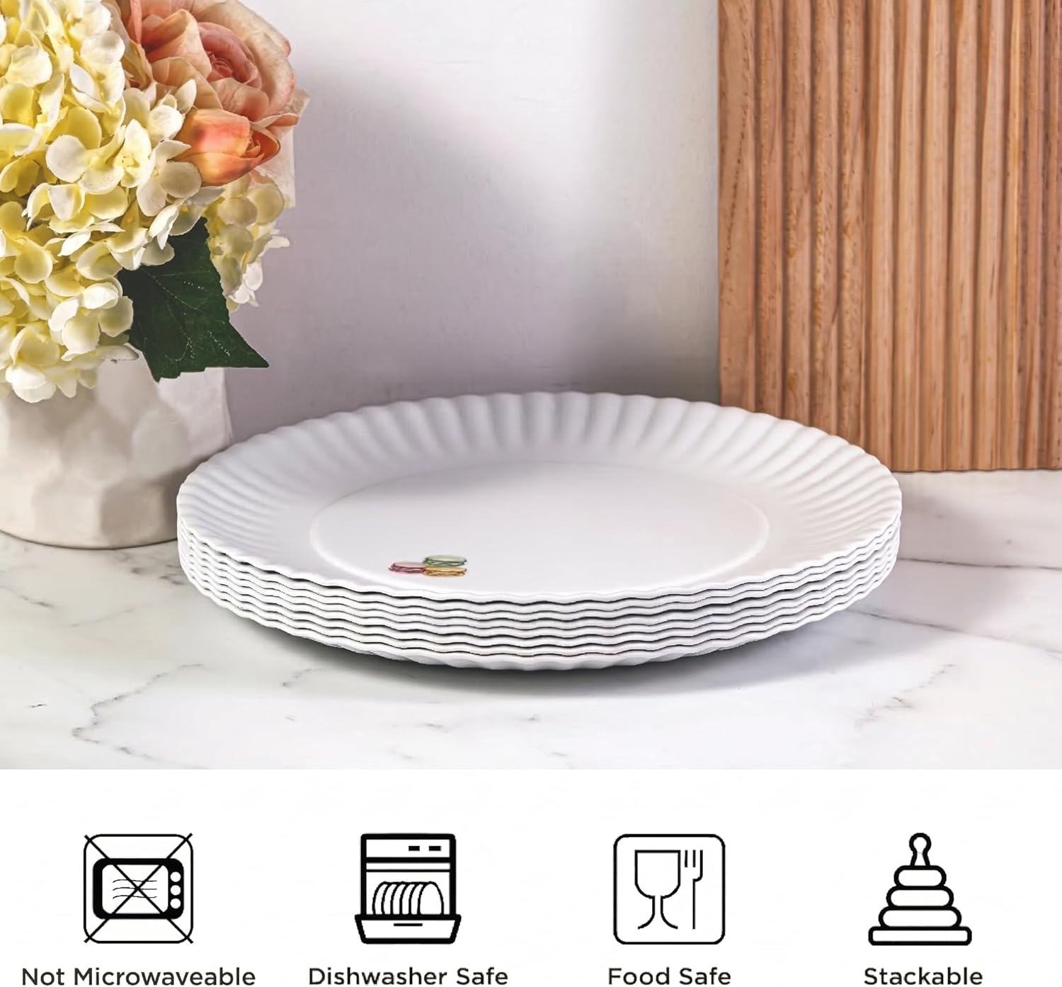 TP Melamine Dinner Plates Set of 8, 10.5 inch Round Paper Plates With Party Motifs, Lightweight, Dinnerware Dish Set for Gathering, Picnic, Pizza and Desserts, White