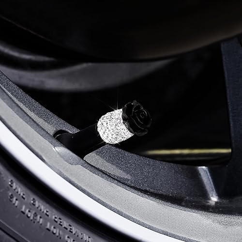 Miniatura 5 de Tapas de vástago de válvula con diamantes de imitación, 4 unidades, con diseño de flores rosas, universales, accesorios de automóvil, SUV,