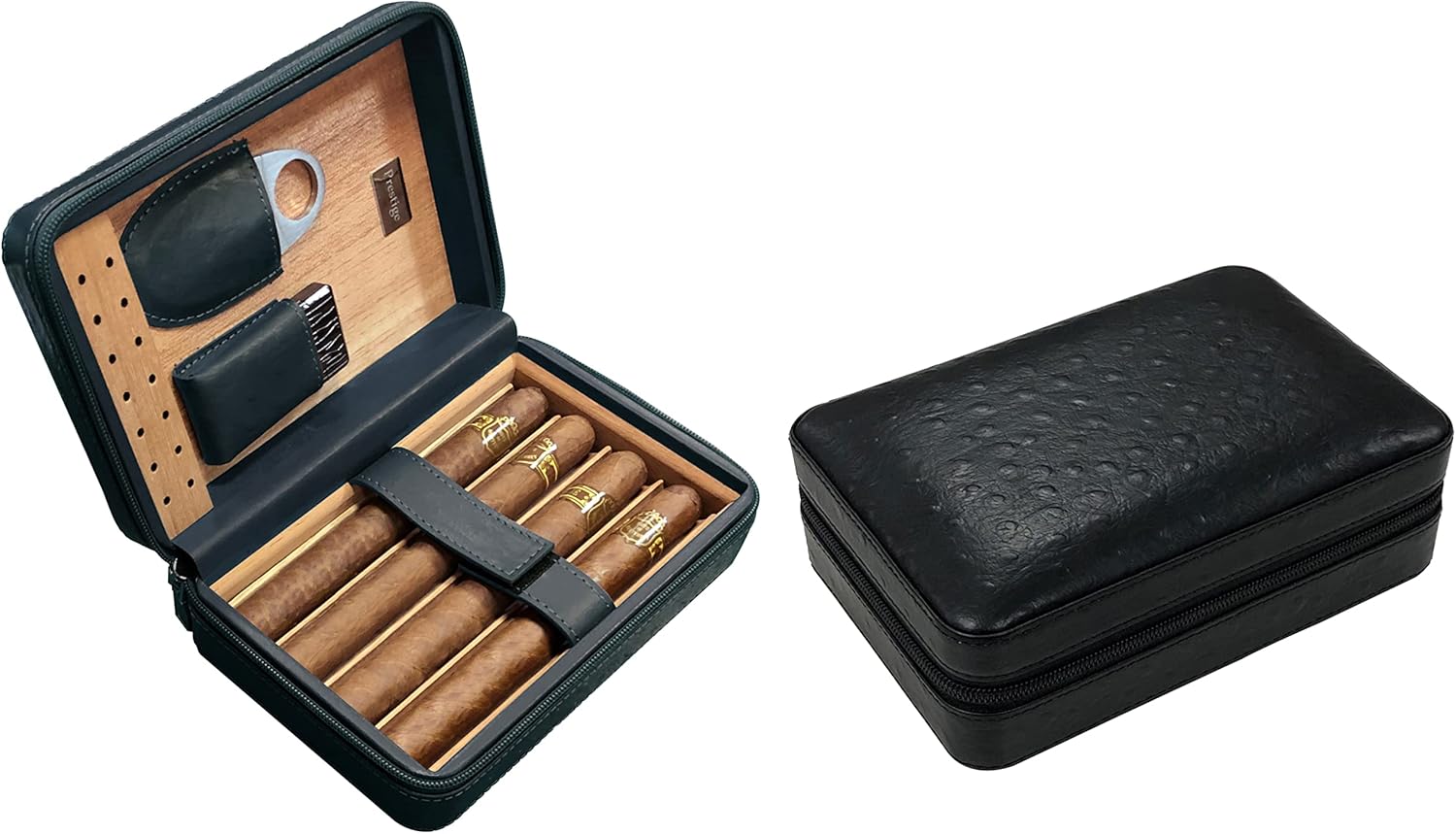 Prestige Import Group - The Manhattan Ostrich Motif Leather Travel Humidor Cigar Case w/Lighter, Cutter & Humidifier with Zipper Closure - Color: Black